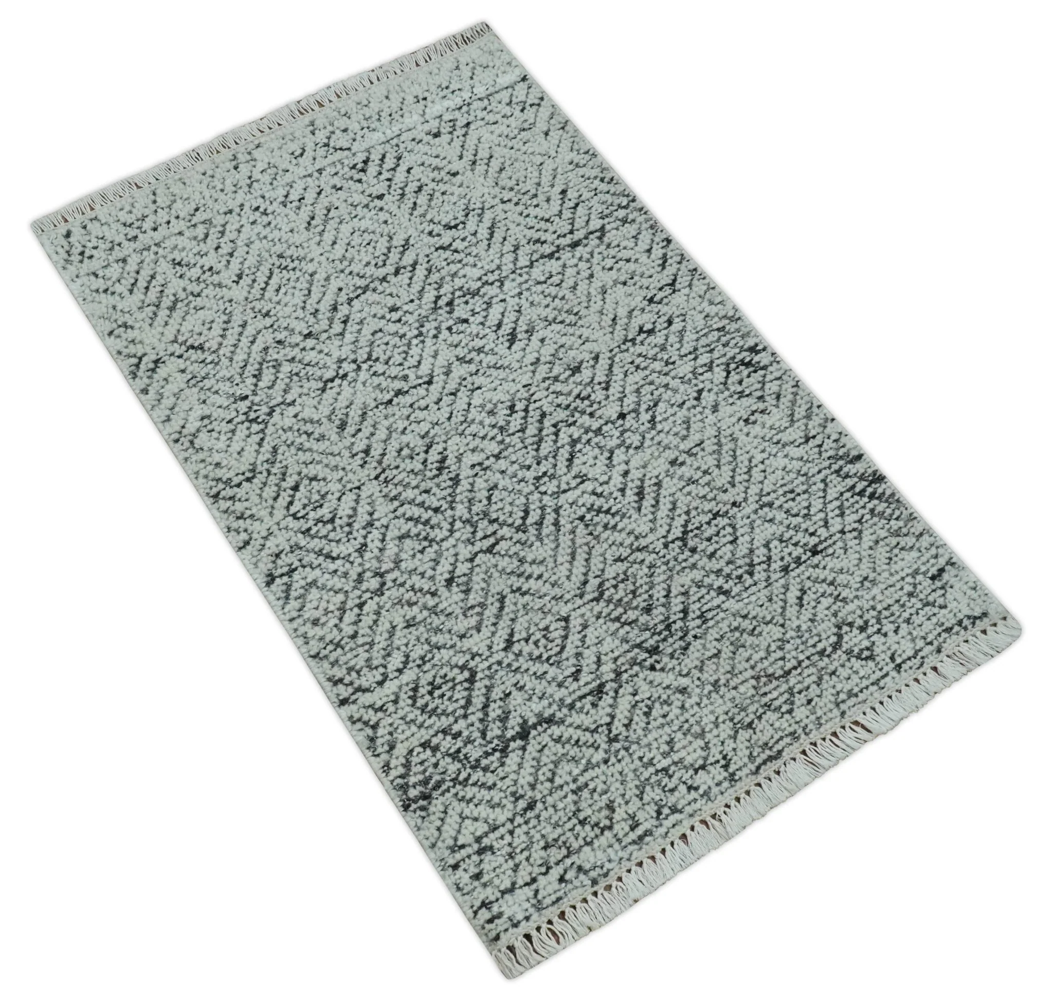 2x3 Hand Knotted Ivory and Charcoal Stripes Tribal Pattern Wool Rug - Image 8