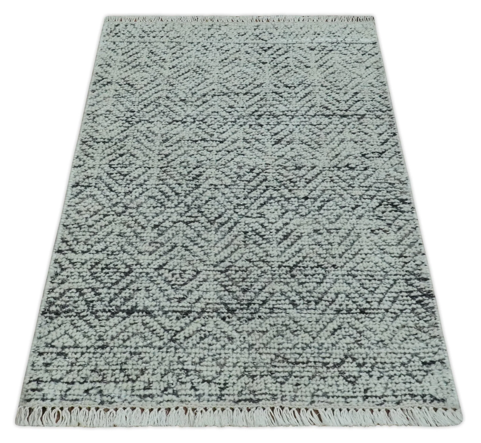 2x3 Hand Knotted Ivory and Charcoal Stripes Tribal Pattern Wool Rug - Image 9