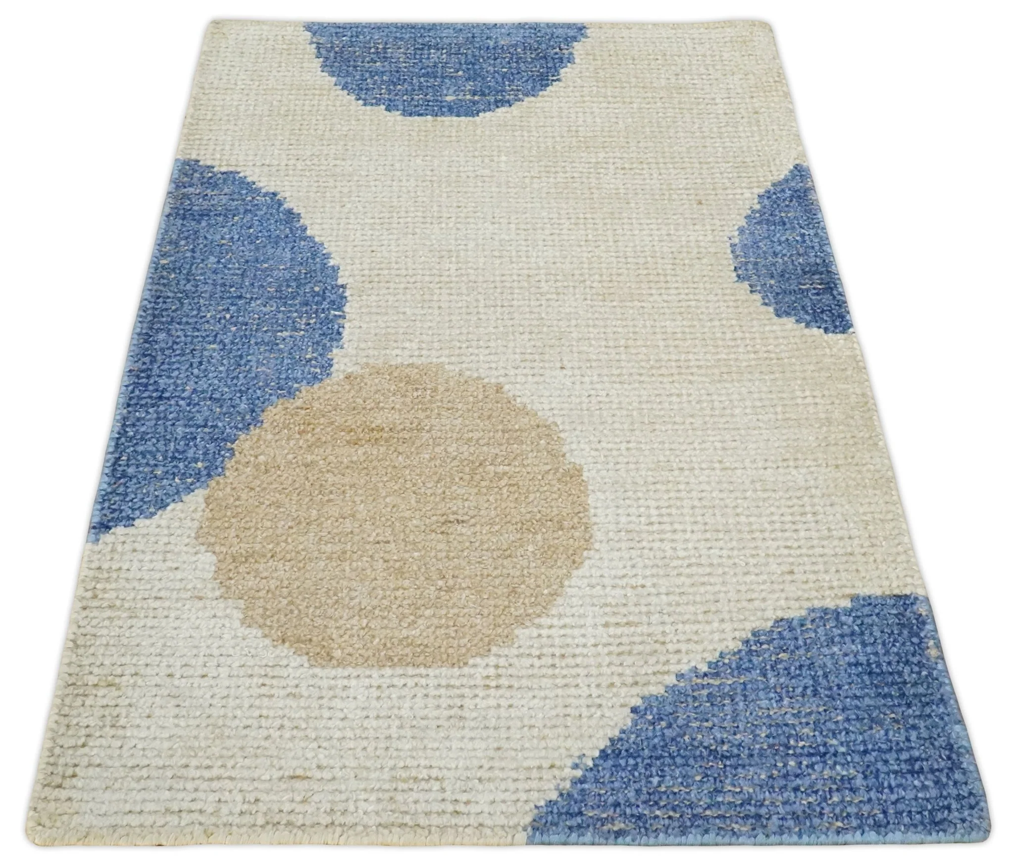 2x3 Ivory, Beige and Blue Wool Hand Knotted Modern Polka Dots Kids Rug | N2523 - Image 2