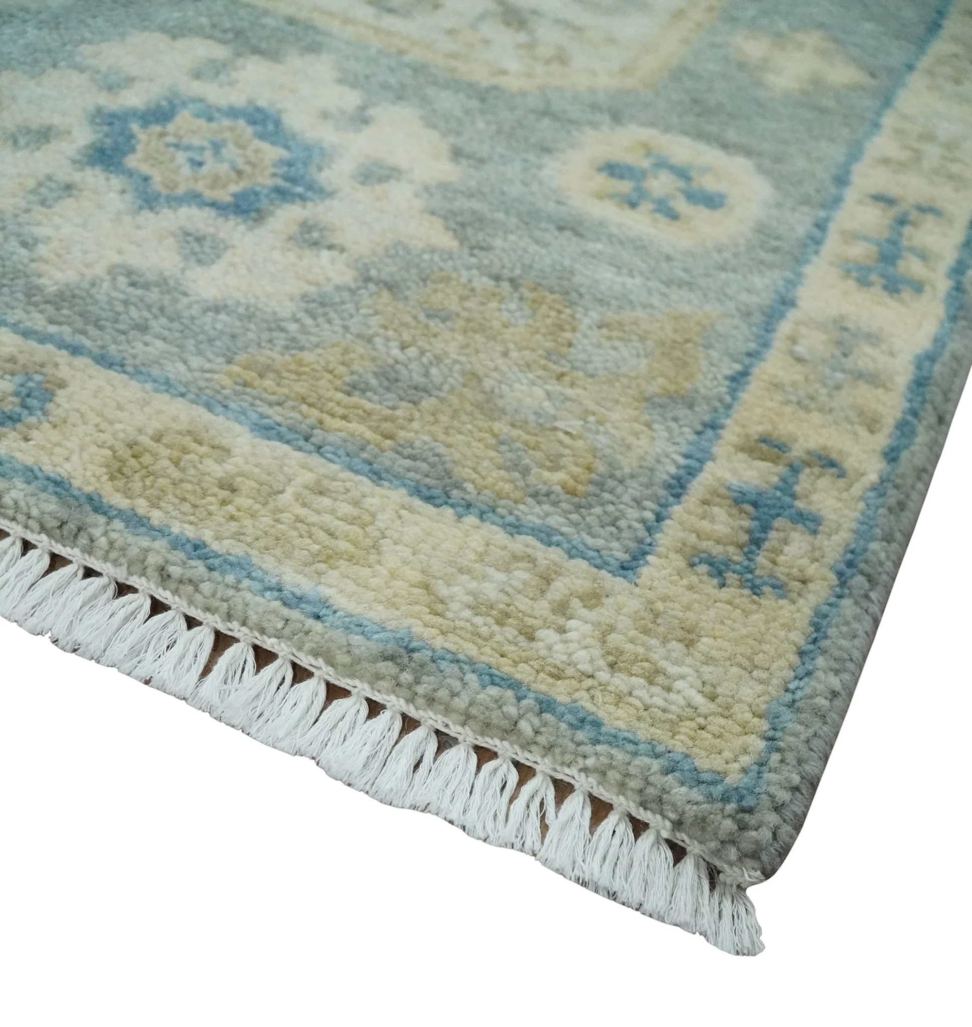 2x3 Ivory, Beige and Silver Hand Knotted Heriz Traditional Design Wool Rug - Image 3