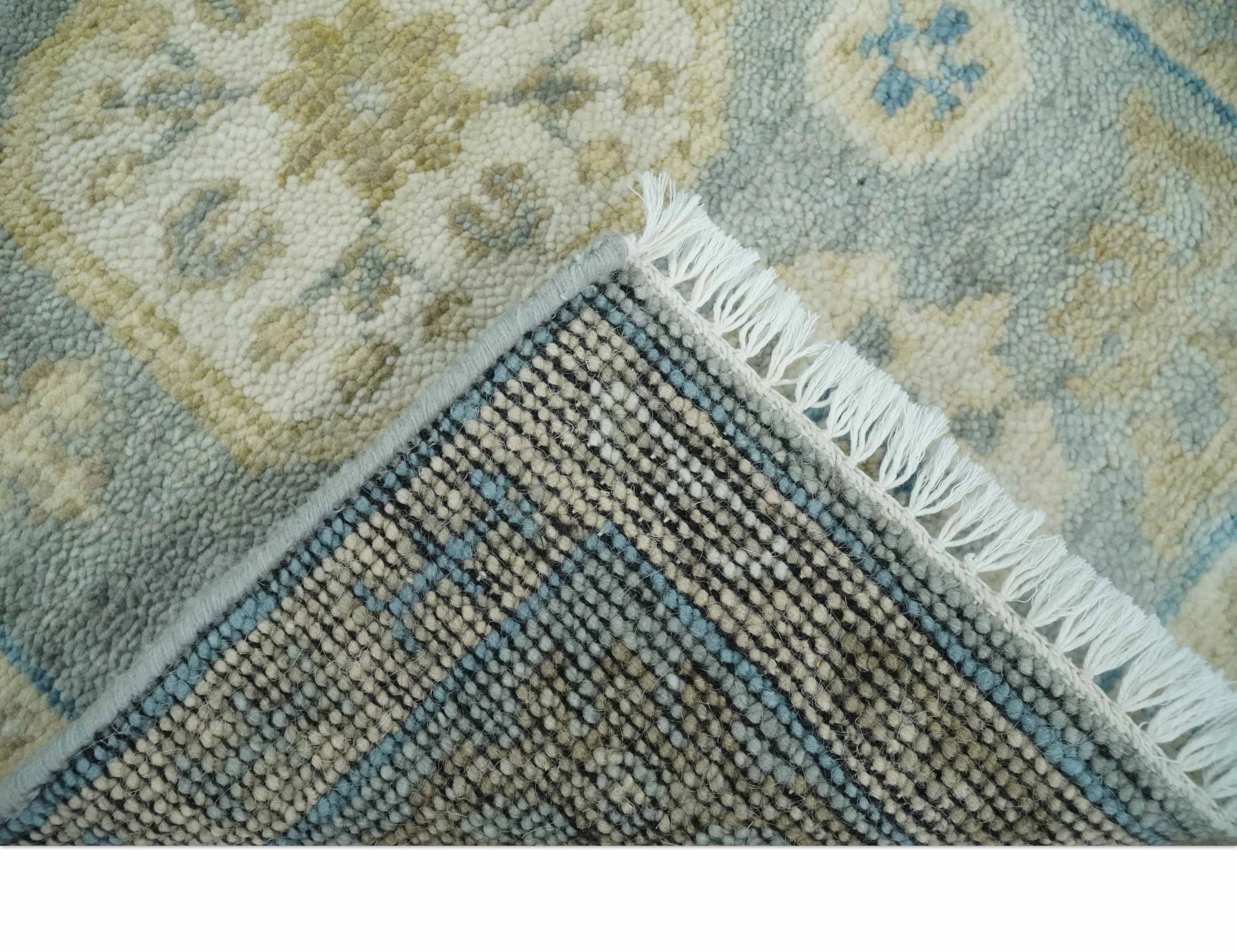 2x3 Ivory, Beige and Silver Hand Knotted Heriz Traditional Design Wool Rug - Image 5