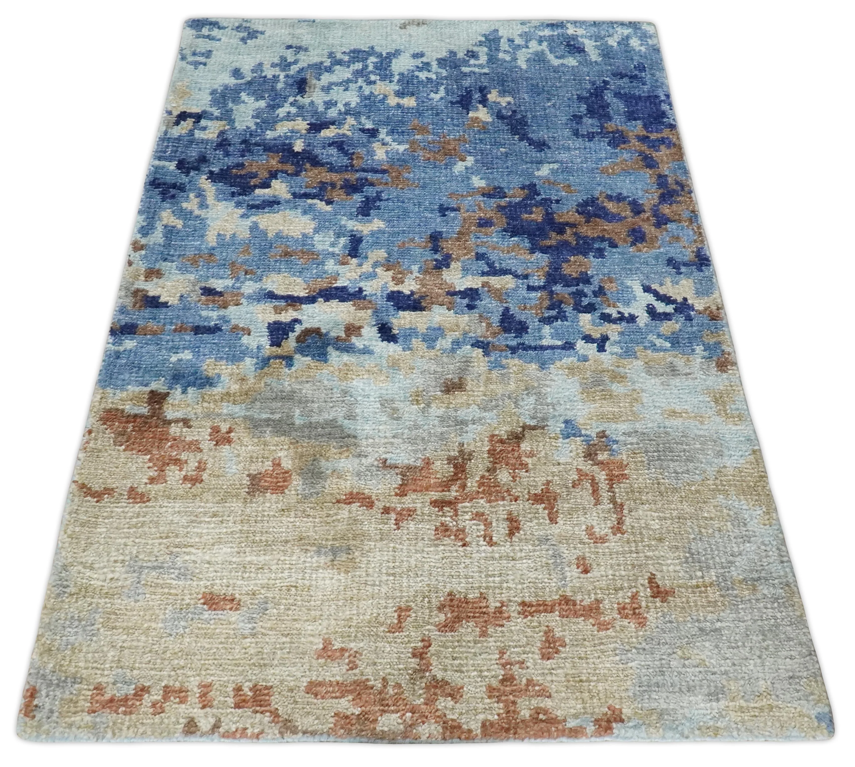 Modern Abstract 2x3 Multi Color Blue, beige Bamboo Silk Hand Knotted Area Rug | N2723 - Image 2
