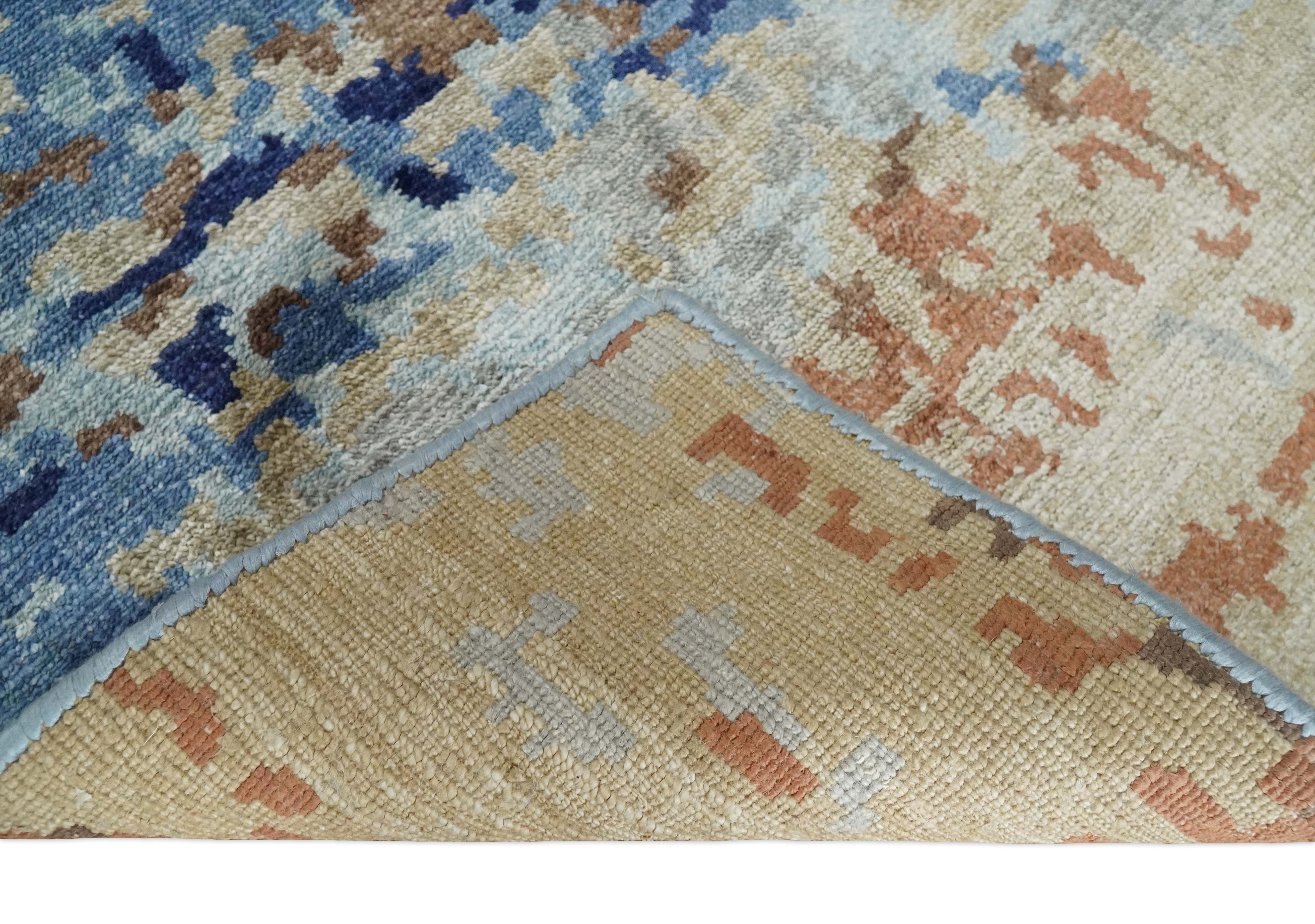 Modern Abstract 2x3 Multi Color Blue, beige Bamboo Silk Hand Knotted Area Rug | N2723 - Image 4