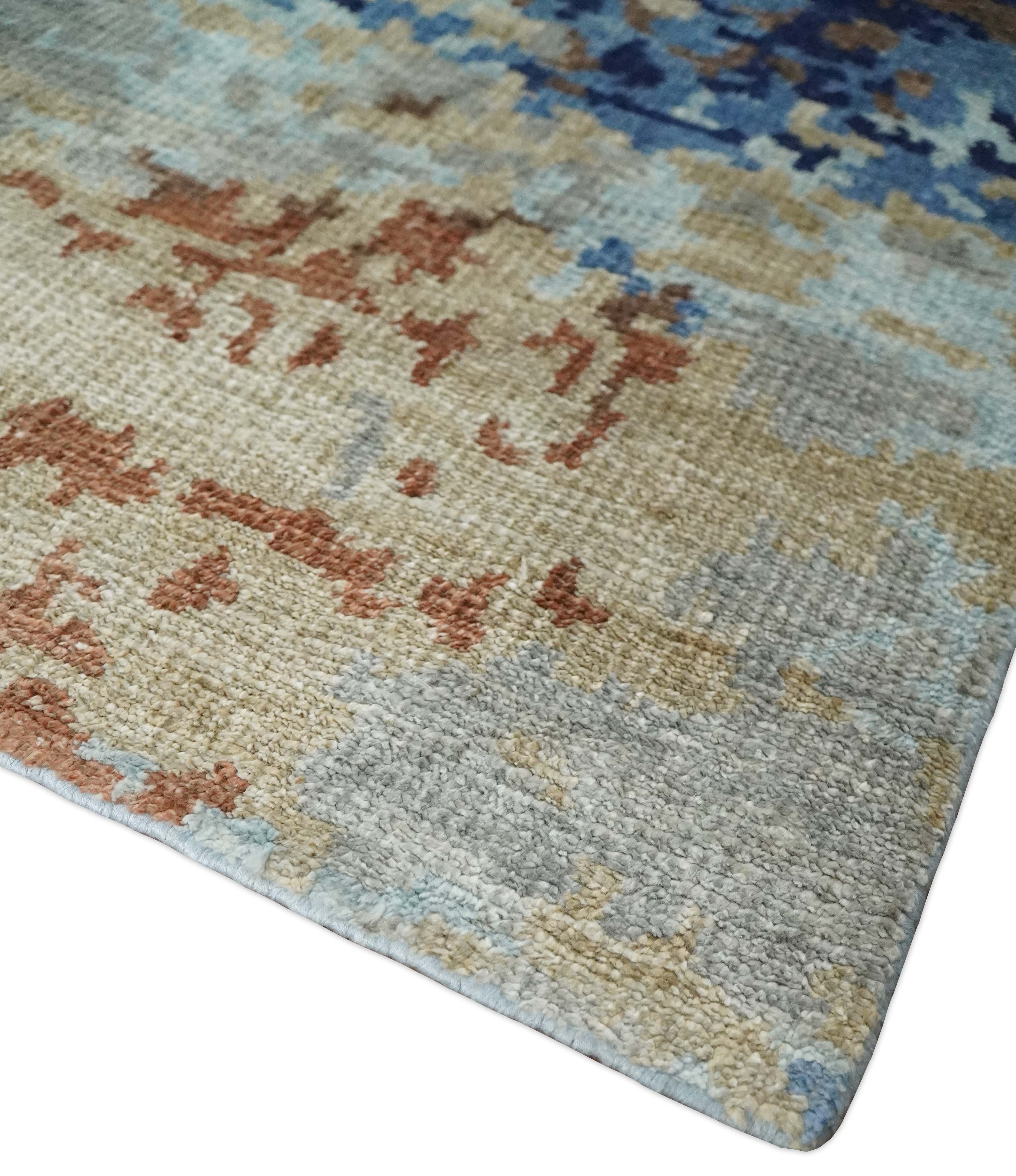 Modern Abstract 2x3 Multi Color Blue, beige Bamboo Silk Hand Knotted Area Rug | N2723 - Image 6