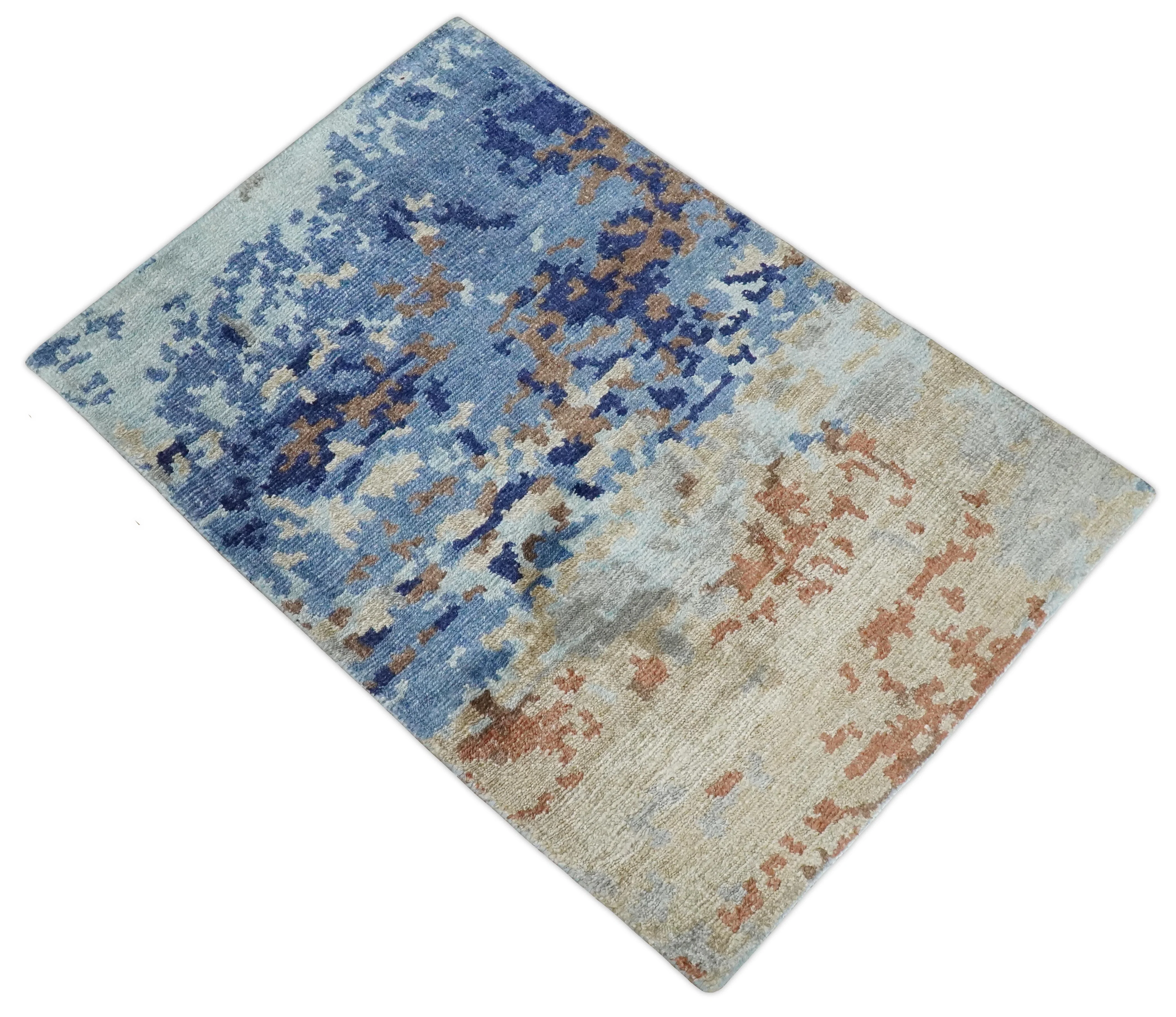 Modern Abstract 2x3 Multi Color Blue, beige Bamboo Silk Hand Knotted Area Rug | N2723 - Image 8