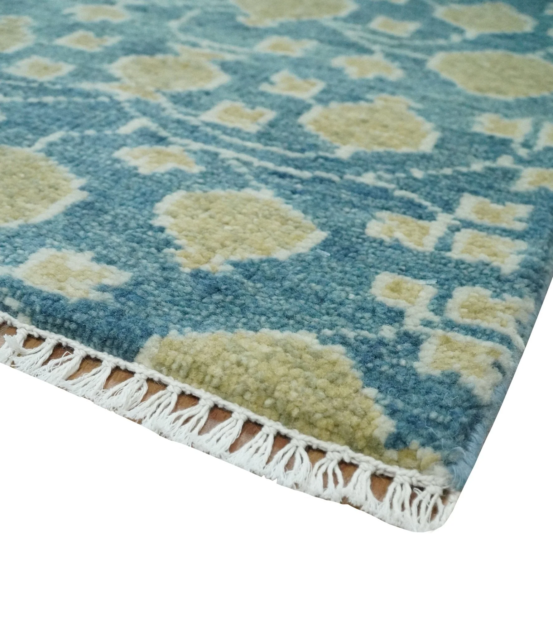 2x3 Hand Knotted Teal and Beige Balloon shape Oushak Wool Area Rug - Image 3