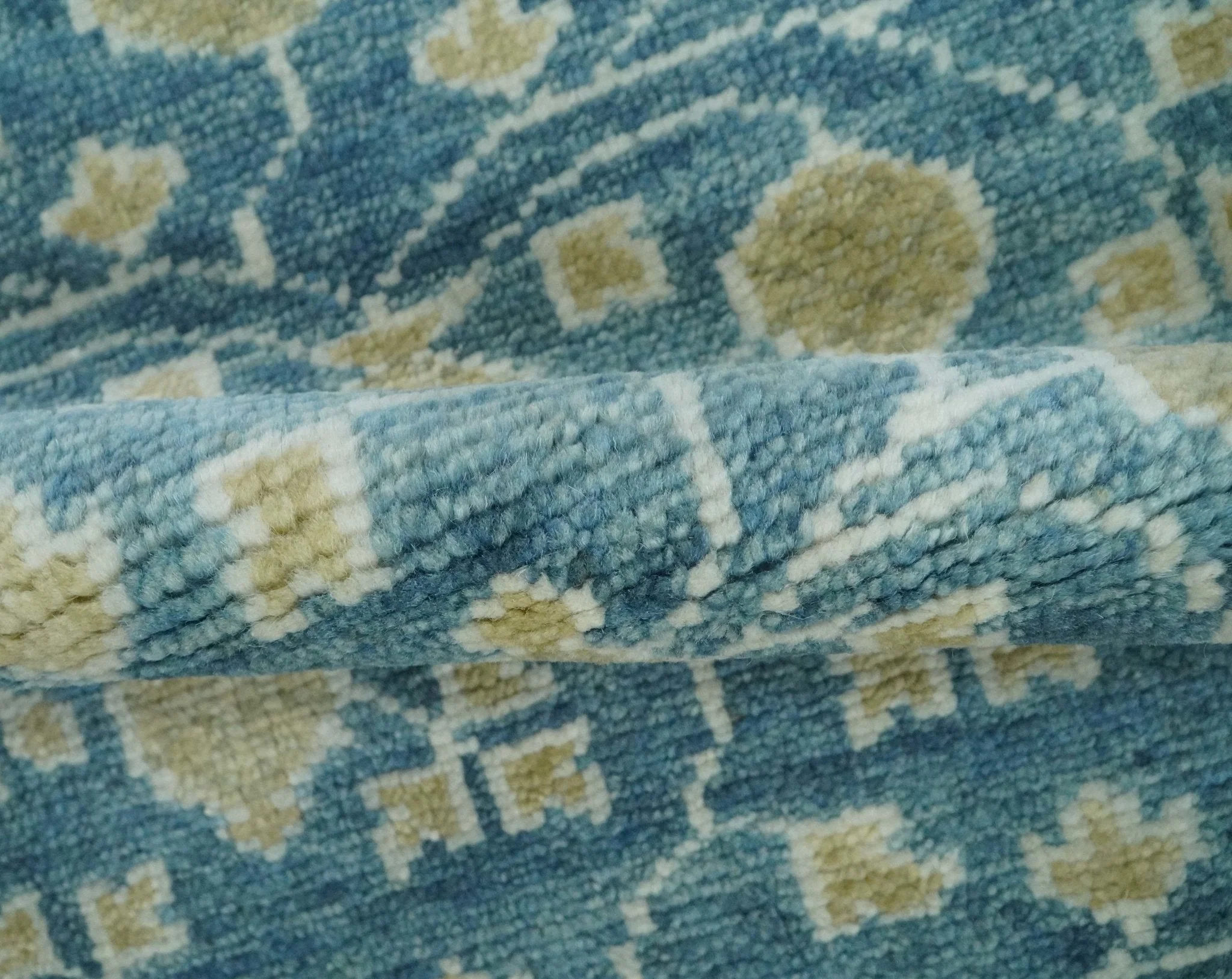 2x3 Hand Knotted Teal and Beige Balloon shape Oushak Wool Area Rug - Image 4