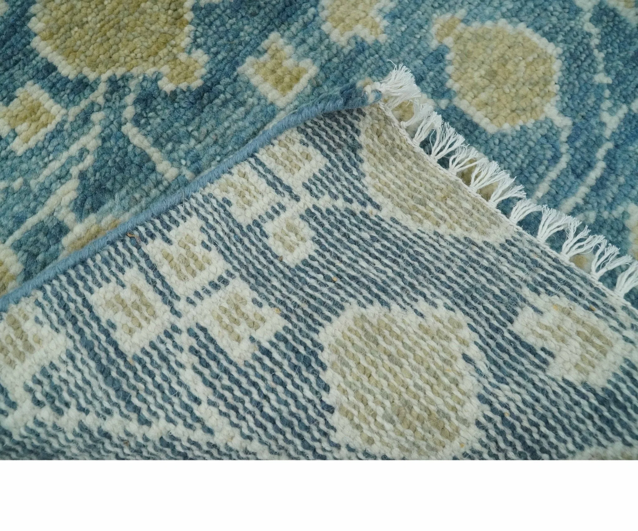 2x3 Hand Knotted Teal and Beige Balloon shape Oushak Wool Area Rug - Image 5