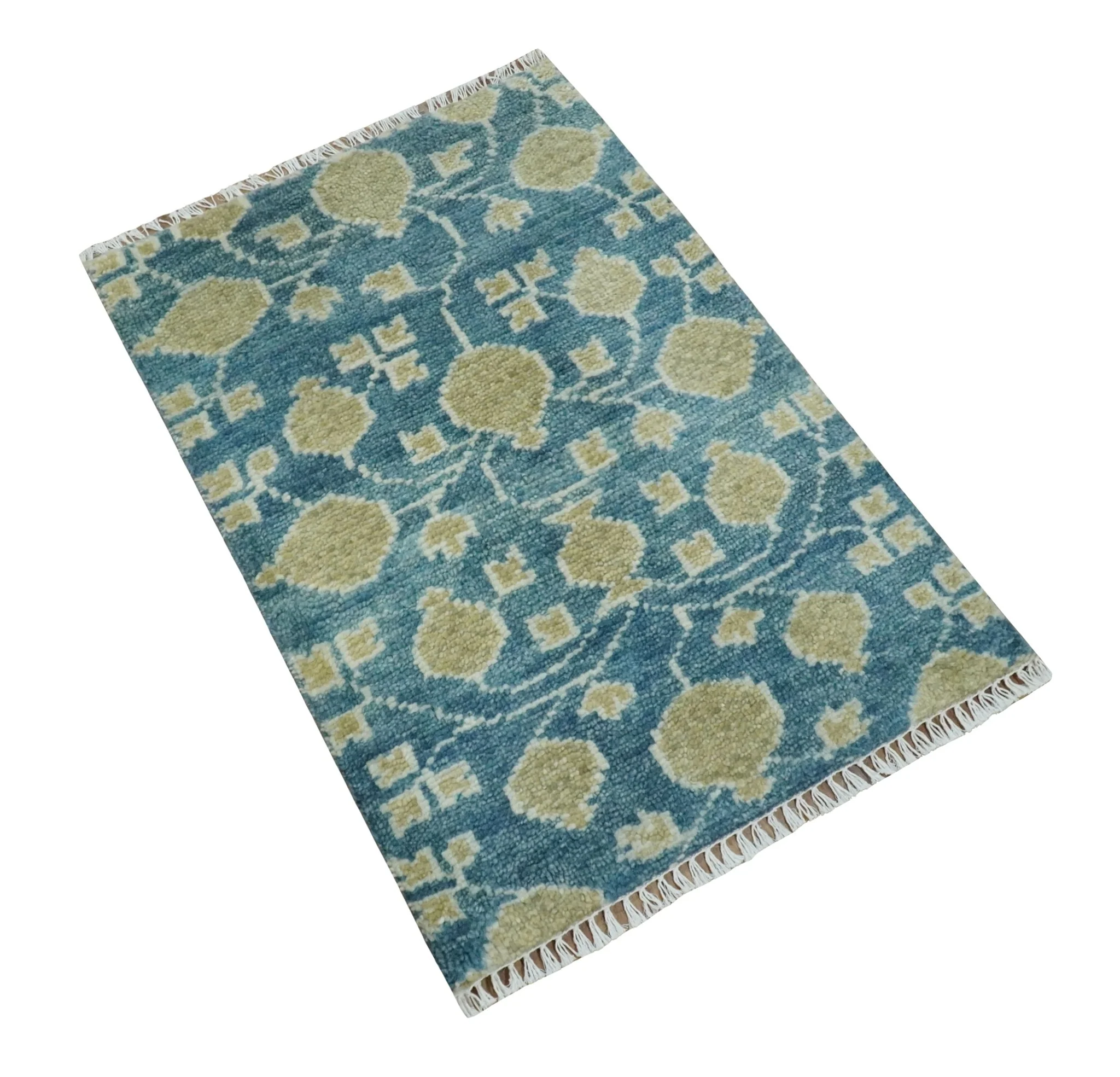 2x3 Hand Knotted Teal and Beige Balloon shape Oushak Wool Area Rug - Image 7