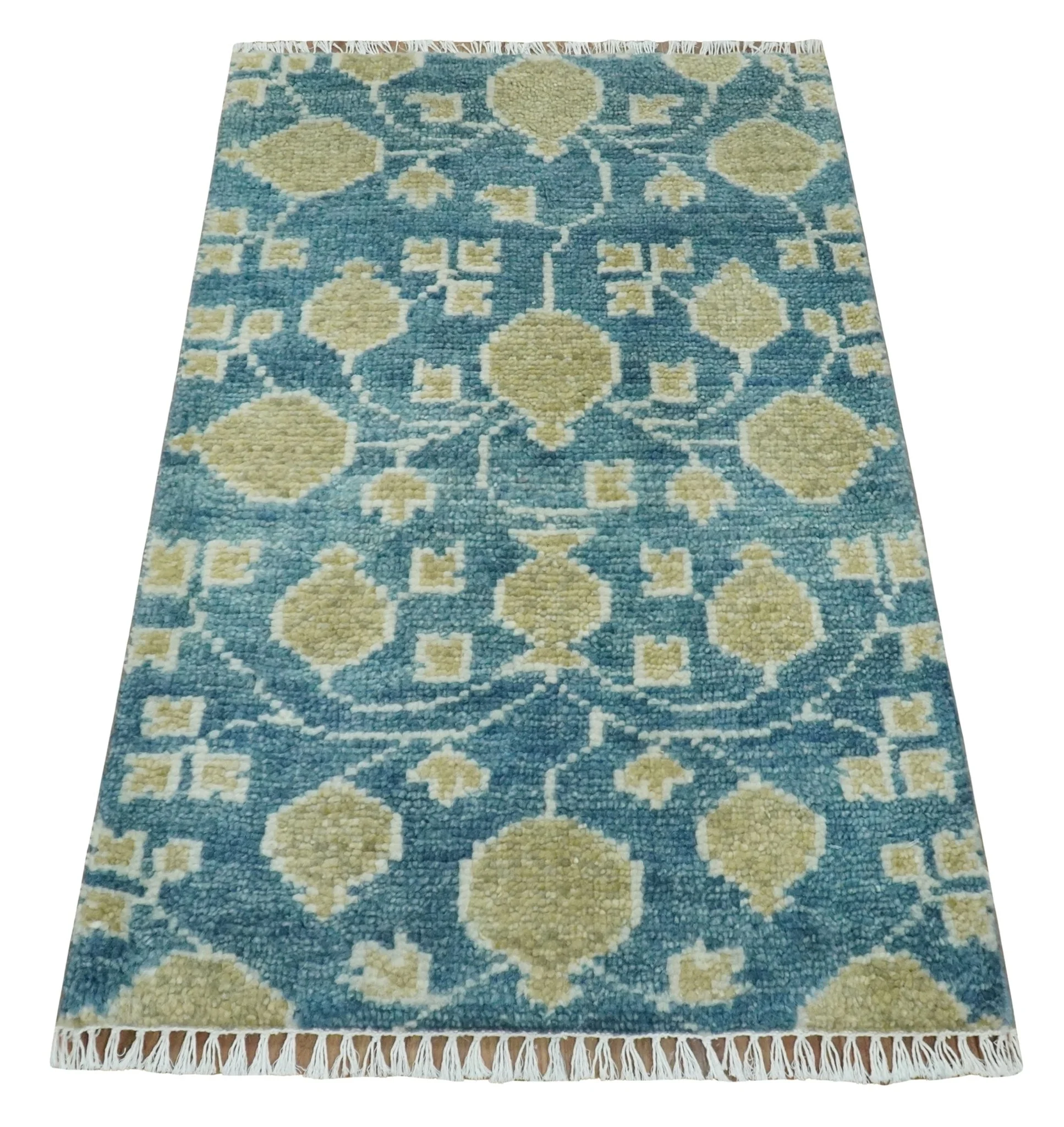 2x3 Hand Knotted Teal and Beige Balloon shape Oushak Wool Area Rug - Image 8