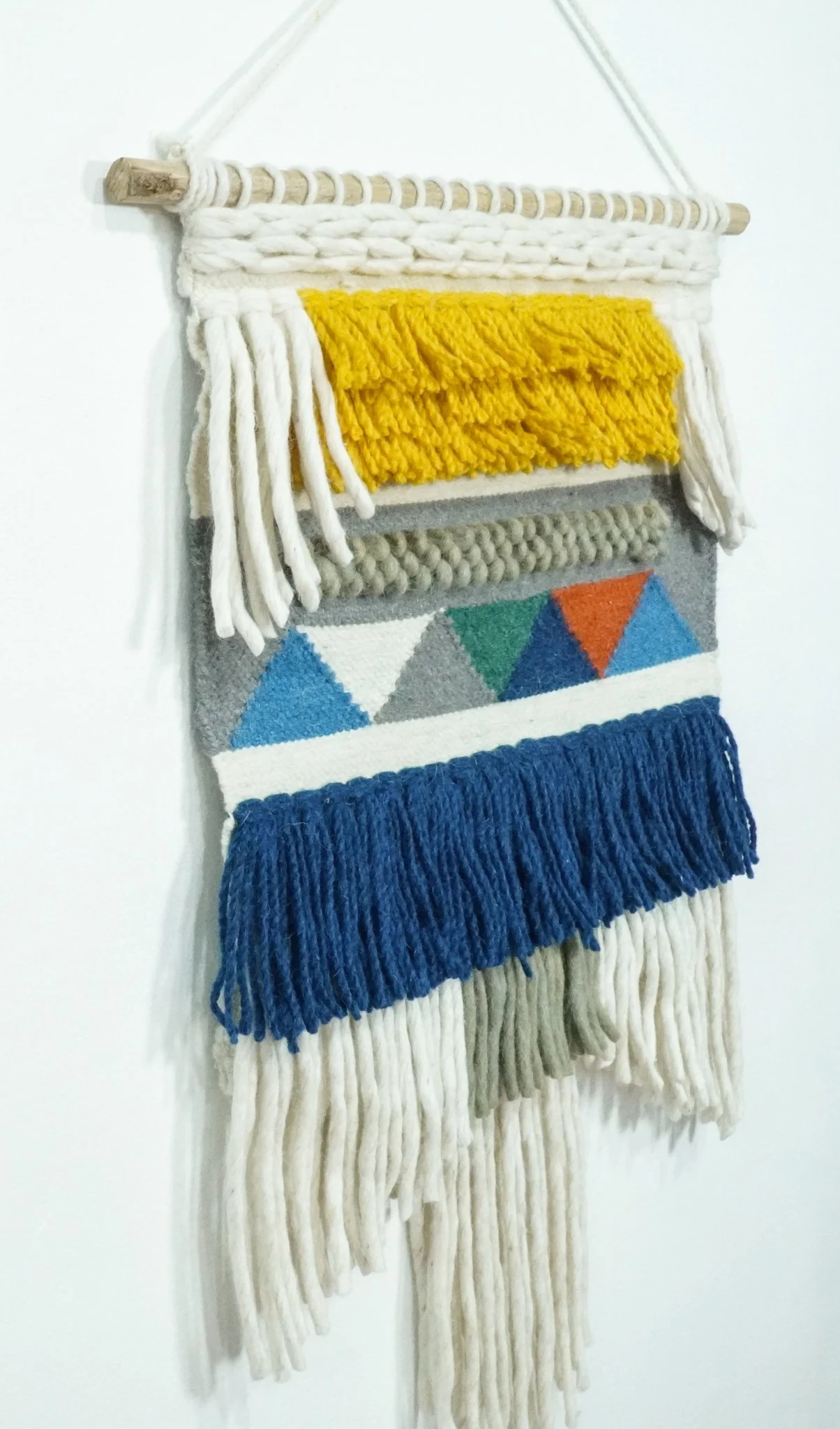 2x3 Wool Hand Woven Blue, White and Gold Boho Wall Hanging | WH2 - Image 2
