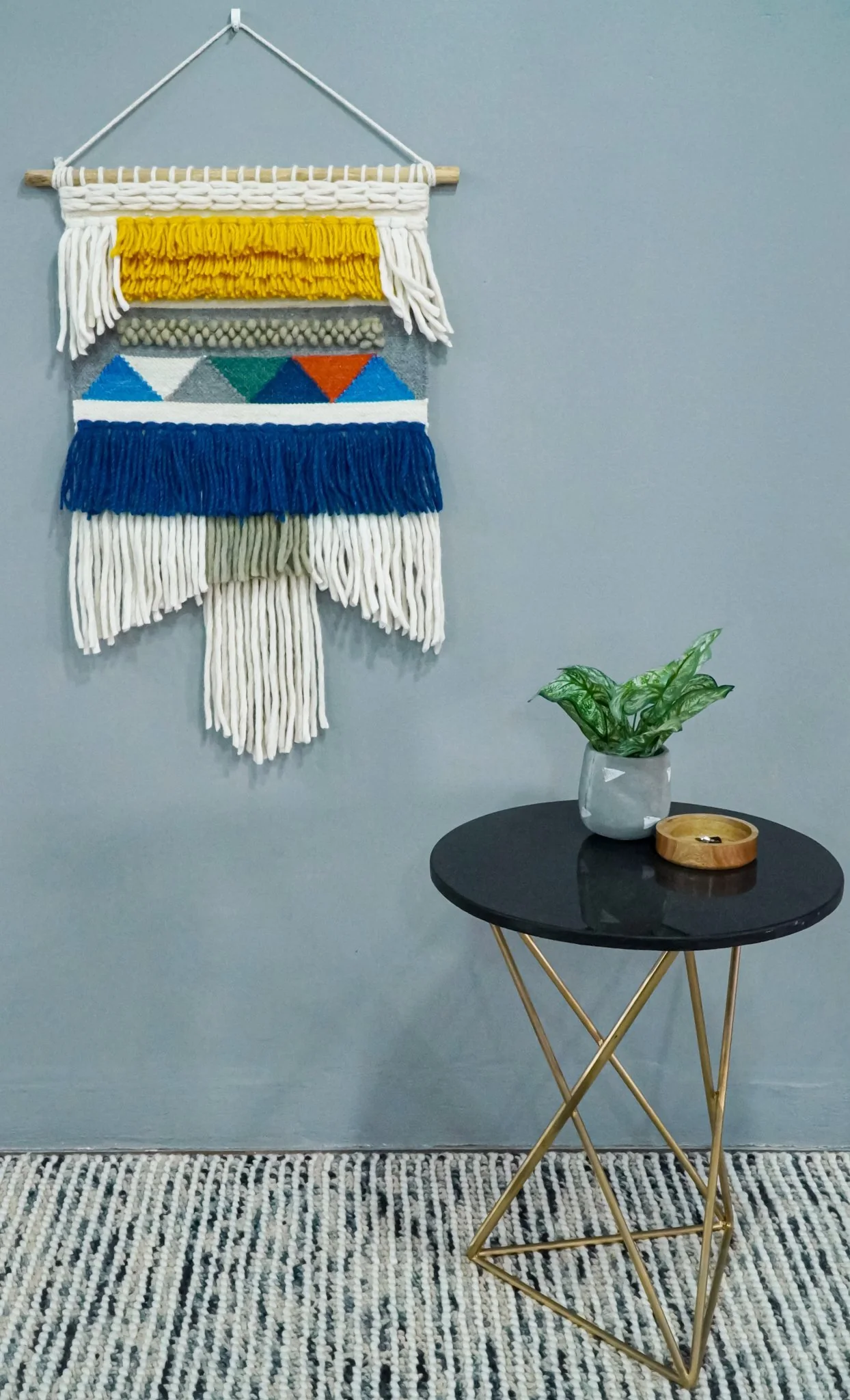 2x3 Wool Hand Woven Blue, White and Gold Boho Wall Hanging | WH2 - Image 3