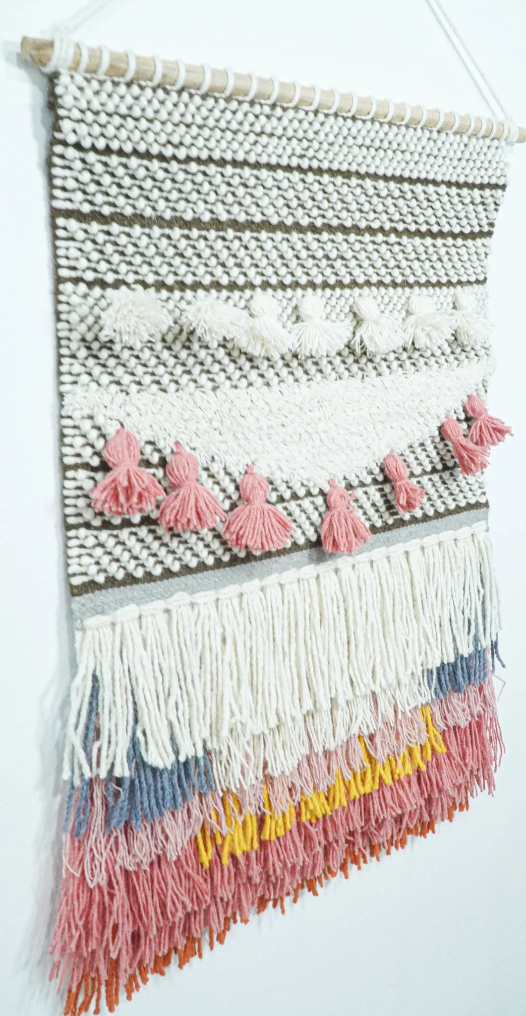 2x3 Wool Hand Woven Brown, White and Pink Boho Wall Hanging | WH1 - Image 2
