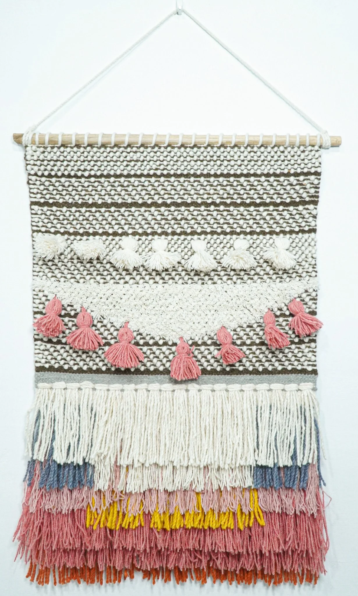 2x3 Wool Hand Woven Brown, White and Pink Boho Wall Hanging | WH1 - Image 3