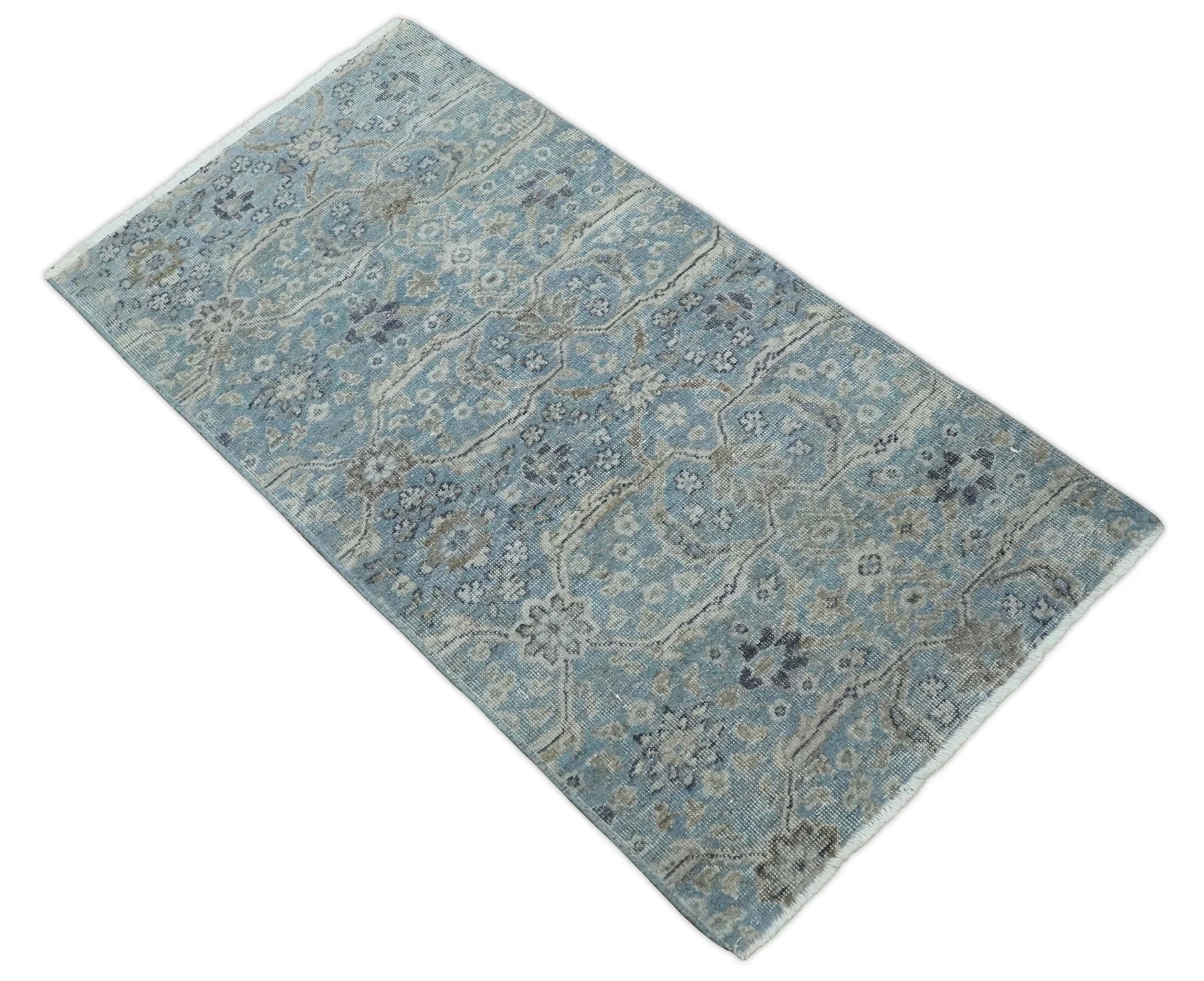 2x4 Aqua Blue and Ivory Wool Hand Knotted Traditional Vintage Antique Rug| N1424 - Image 7