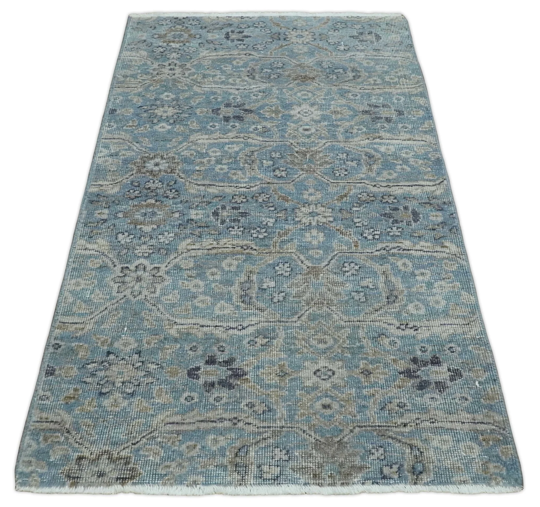 2x4 Aqua Blue and Ivory Wool Hand Knotted Traditional Vintage Antique Rug| N1424 - Image 8