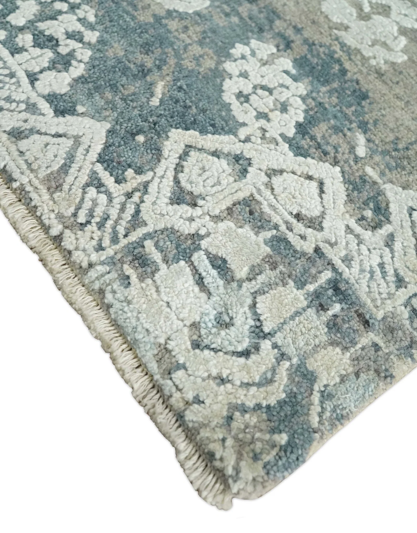 2x4 Beige, Silver and Blue Wool and Silk Hand Knotted traditional Vintage Antique Rug| N124 - Image 3