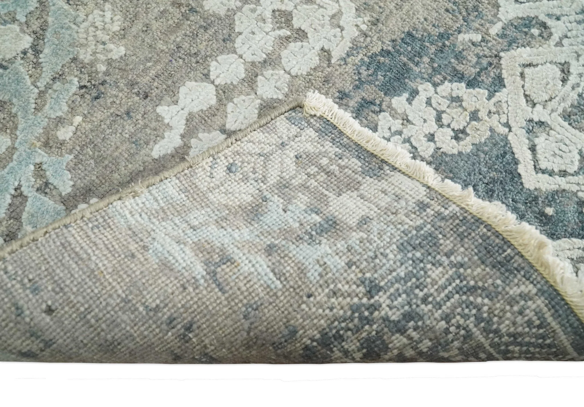 2x4 Beige, Silver and Blue Wool and Silk Hand Knotted traditional Vintage Antique Rug| N124 - Image 6