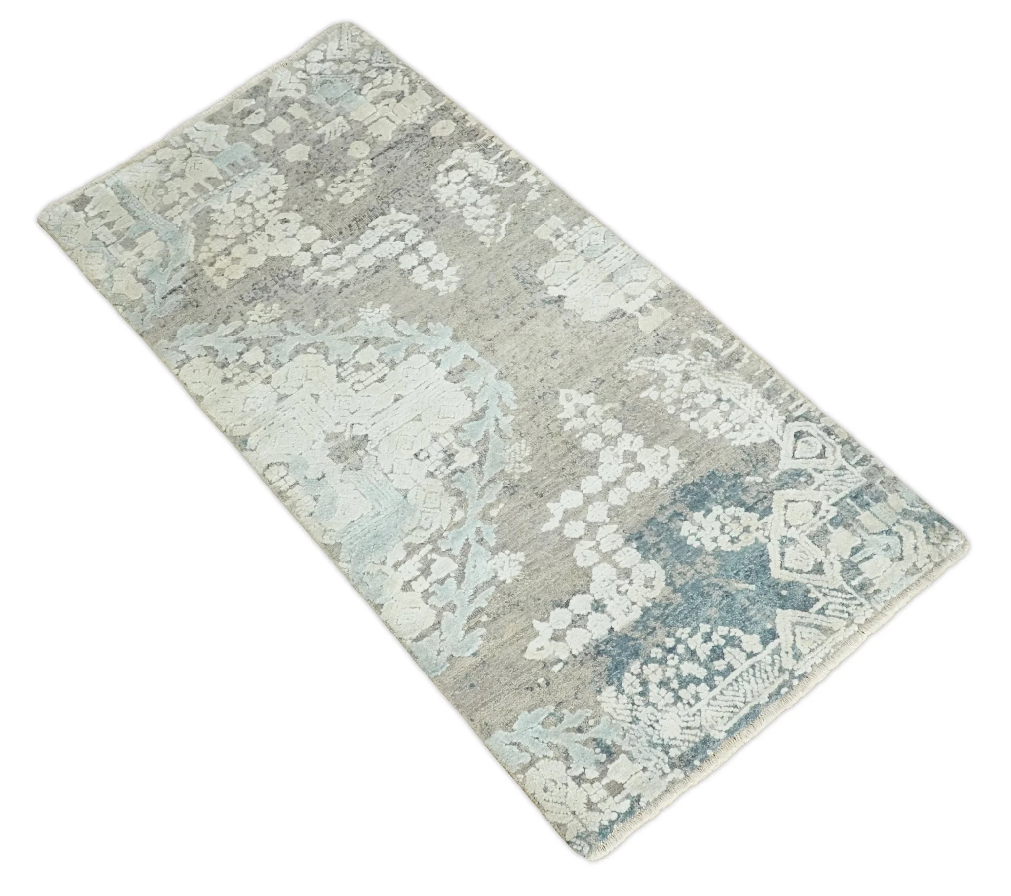 2x4 Beige, Silver and Blue Wool and Silk Hand Knotted traditional Vintage Antique Rug| N124 - Image 7