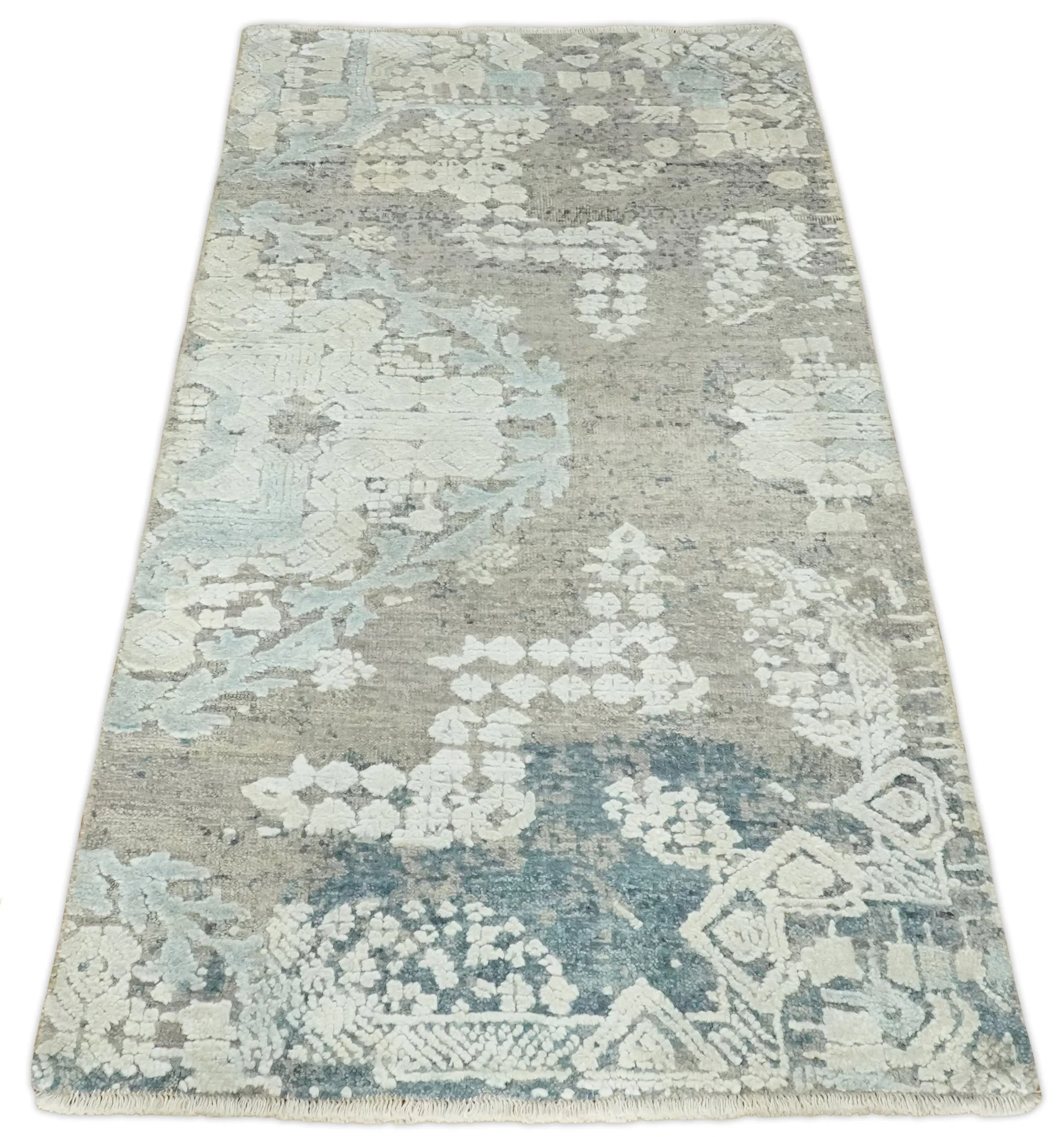 2x4 Beige, Silver and Blue Wool and Silk Hand Knotted traditional Vintage Antique Rug| N124 - Image 9