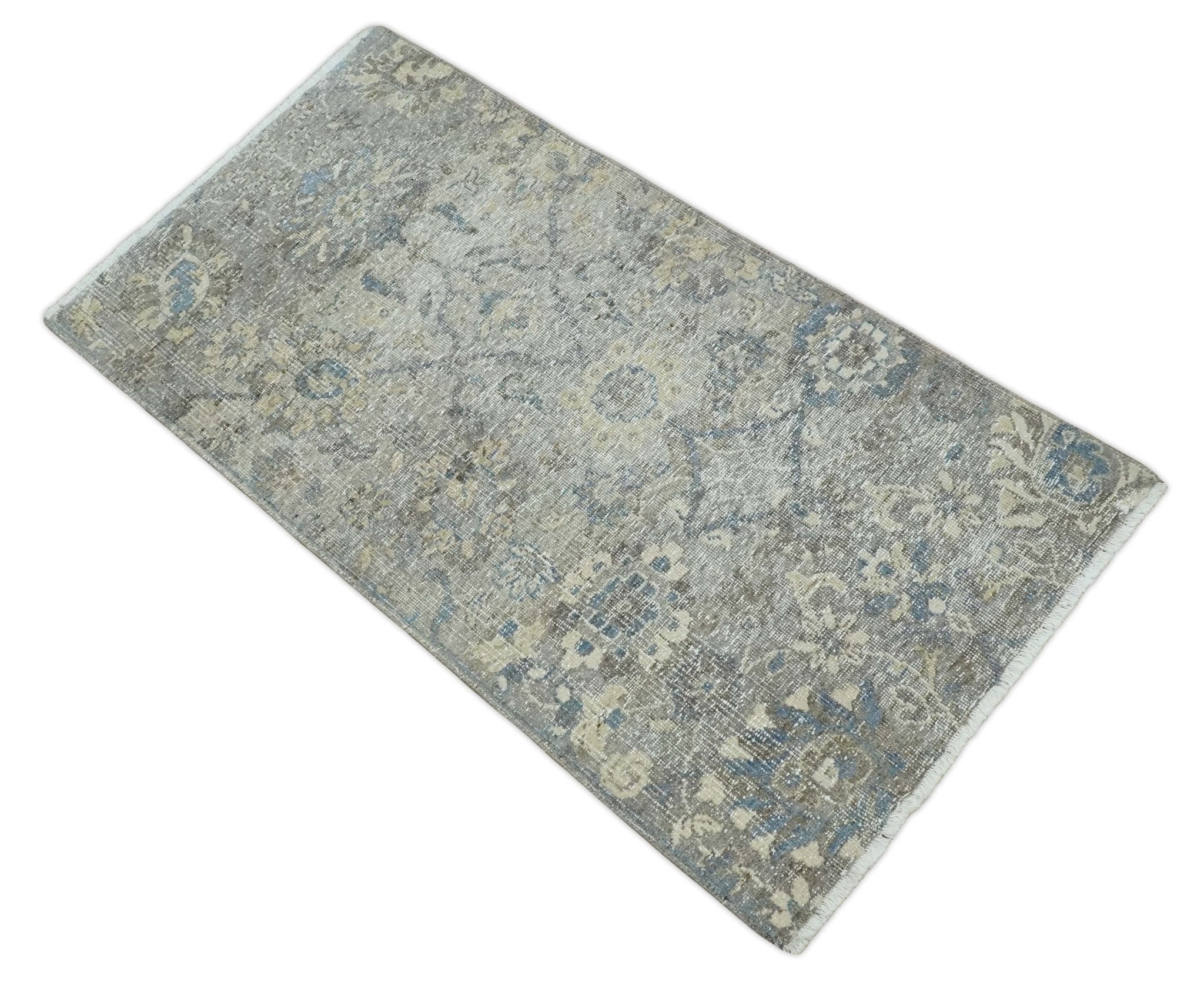 2x4 Gray, Beige and Blue Wool Hand Knotted traditional Vintage Antique Rug| N1224 - Image 8