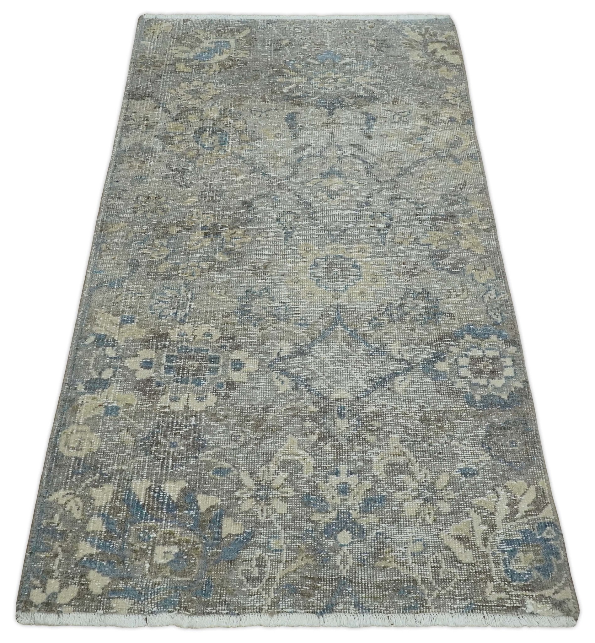2x4 Gray, Beige and Blue Wool Hand Knotted traditional Vintage Antique Rug| N1224 - Image 9