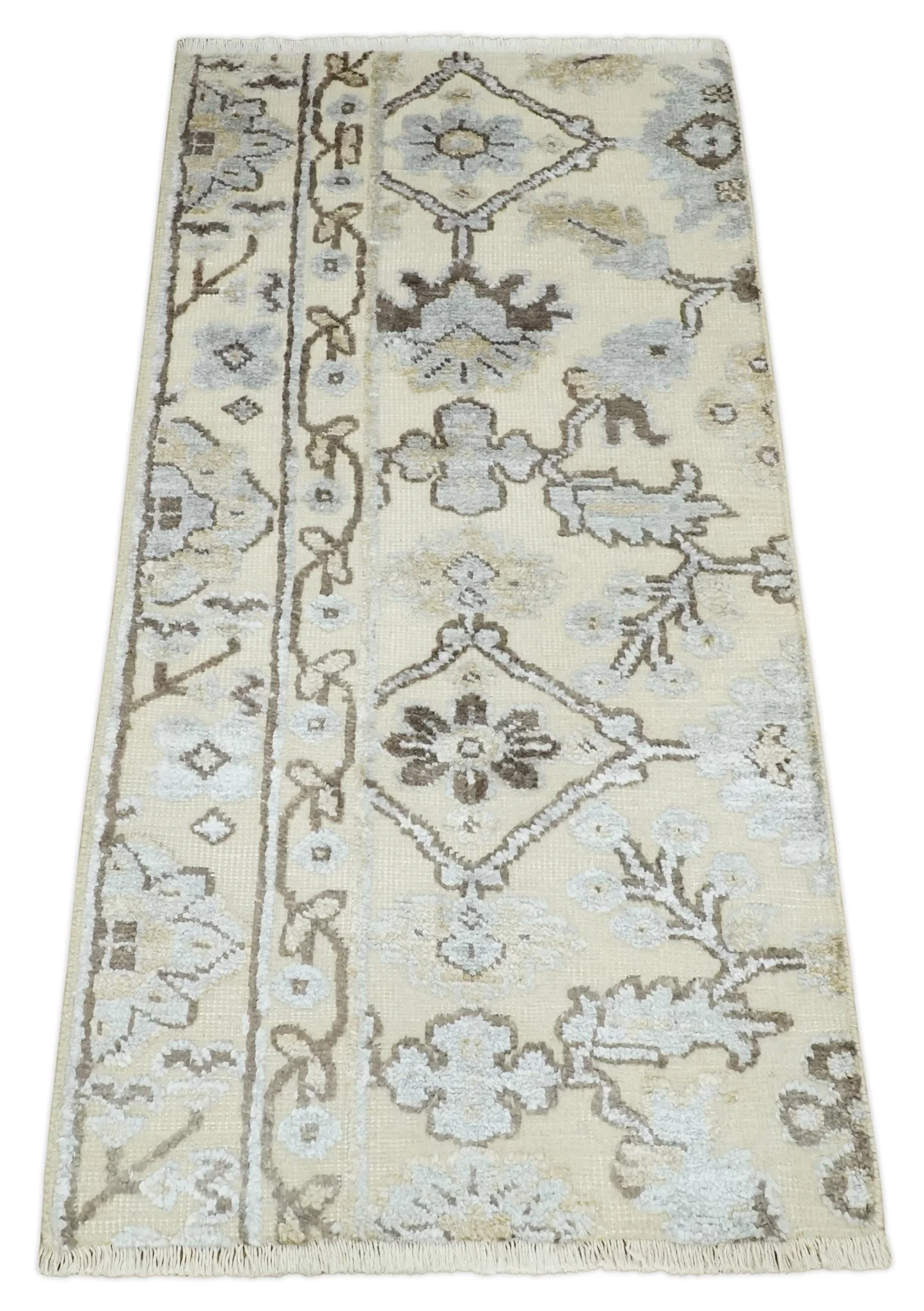 2x4 Hand Knotted Beige, silver and Brown Traditional Persian Oushak Wool Rug | N5524 - Image 8