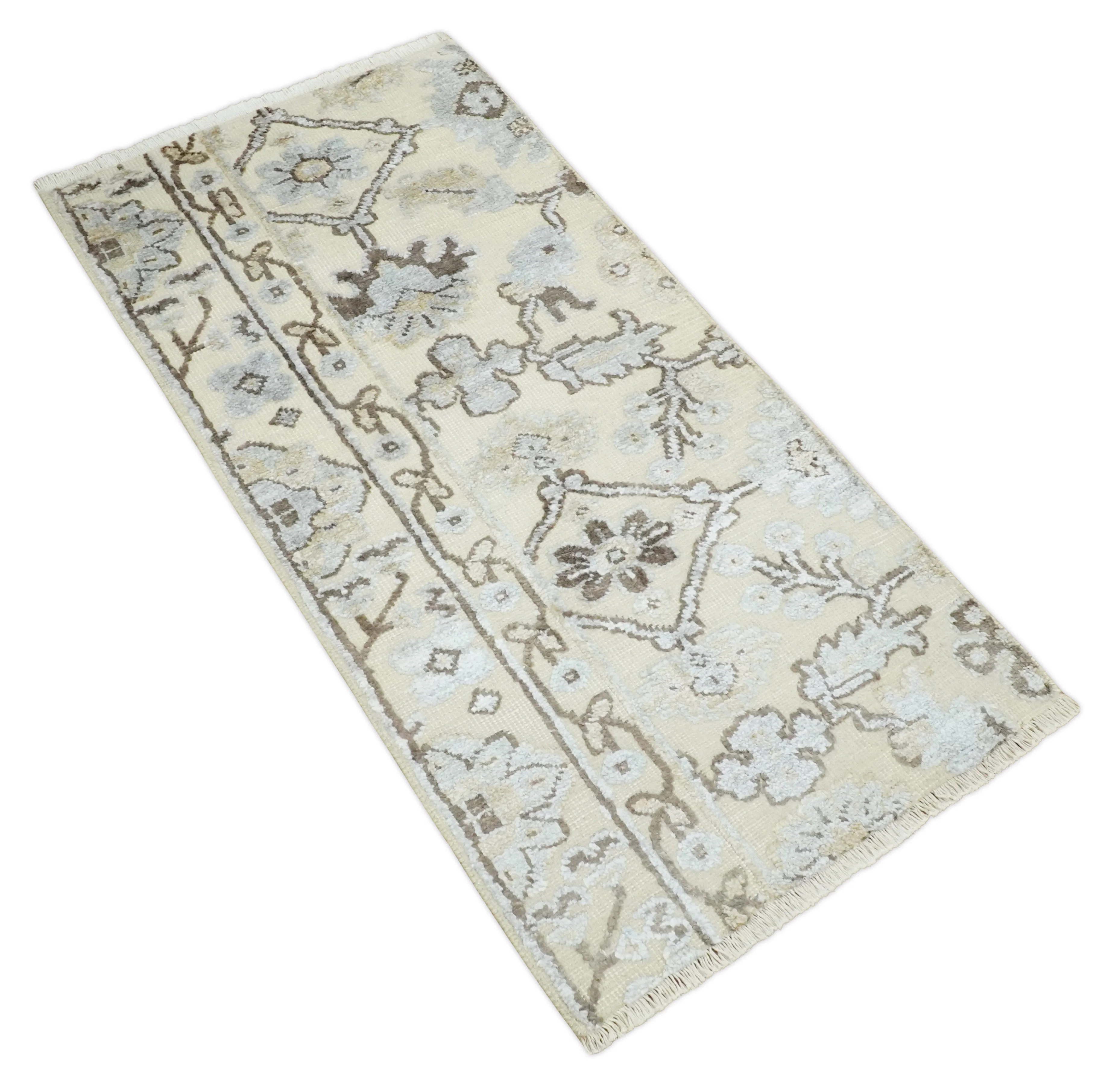 2x4 Hand Knotted Beige, silver and Brown Traditional Persian Oushak Wool Rug | N5524 - Image 9