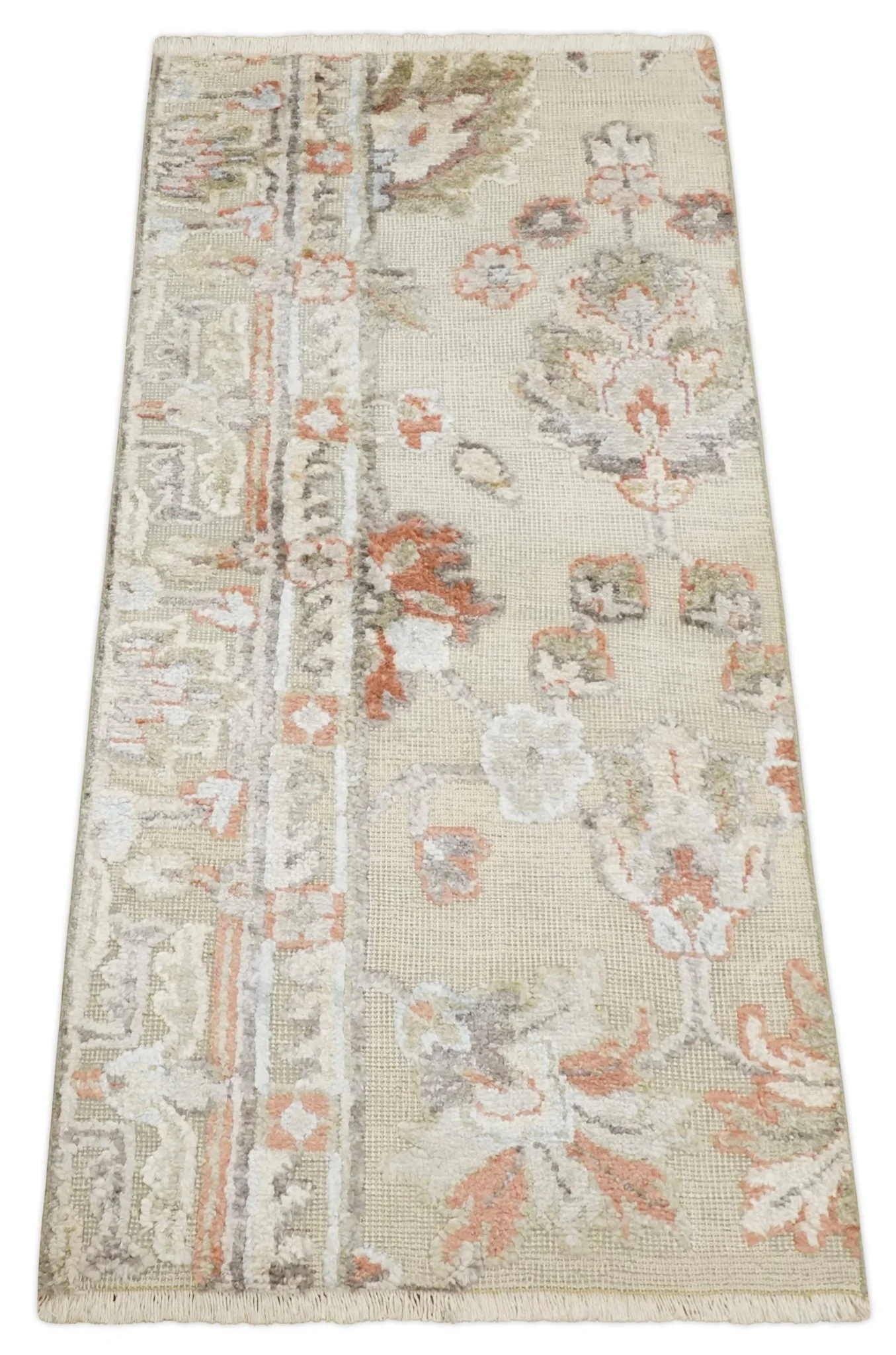 2x4 Hand Knotted Beige, silver and Peach Traditional Persian Oushak Wool Rug | N5624 - Image 8