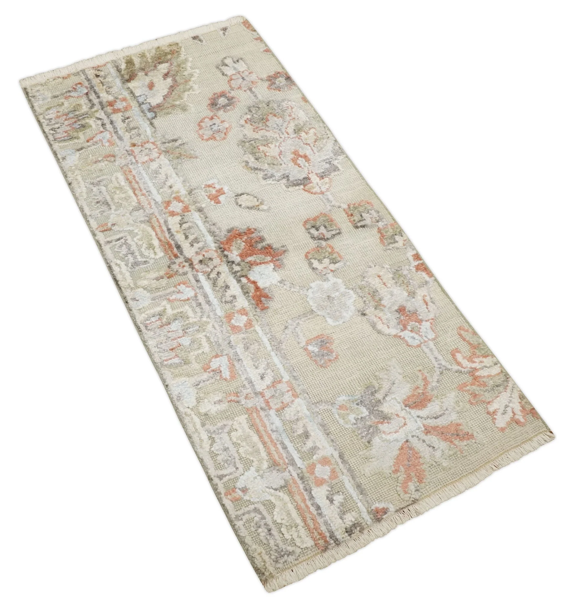 2x4 Hand Knotted Beige, silver and Peach Traditional Persian Oushak Wool Rug | N5624 - Image 9