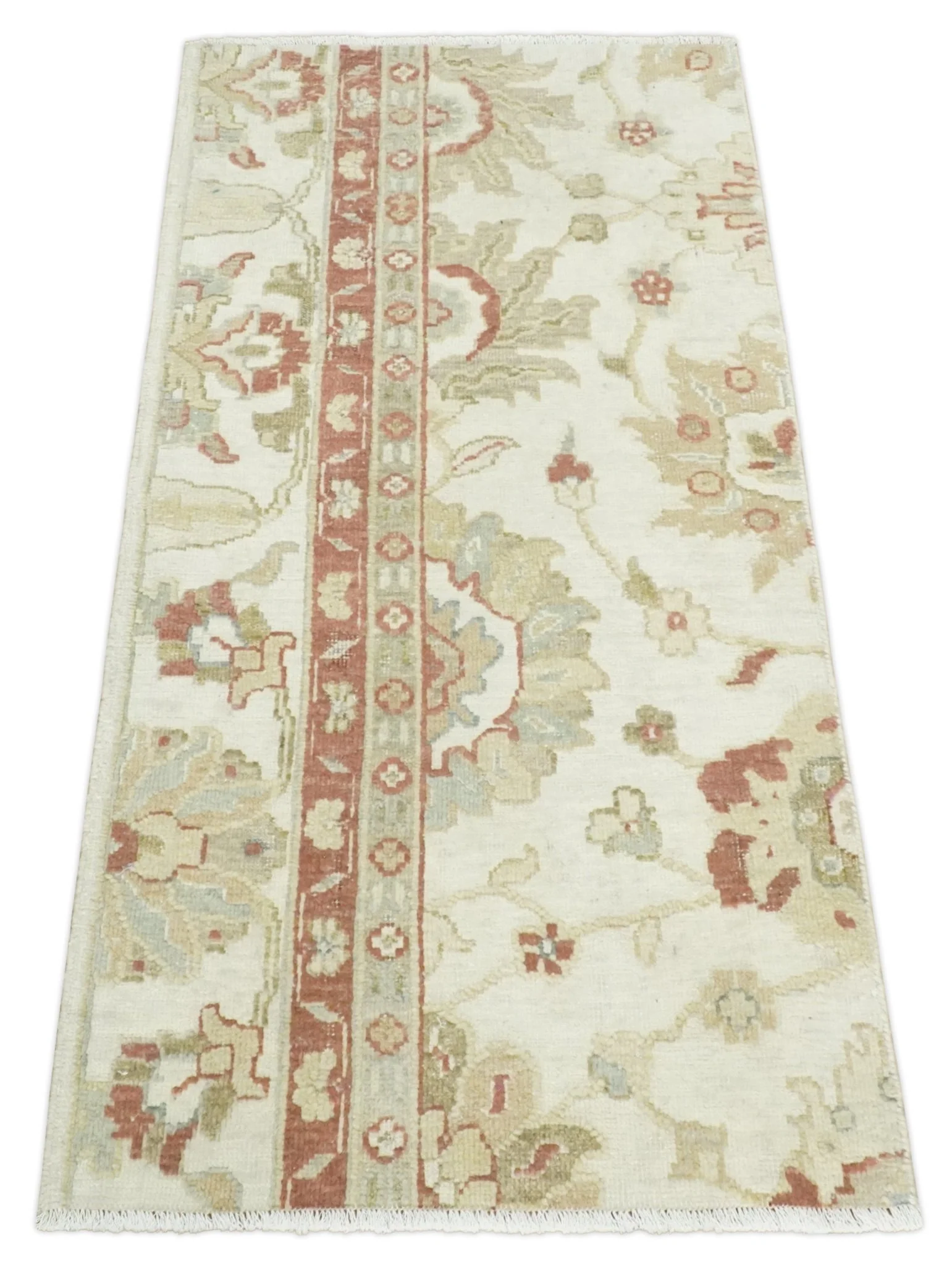 2x4 Hand Knotted Ivory, Olive and Rust Traditional Persian Oushak Wool | N8024 - Image 8