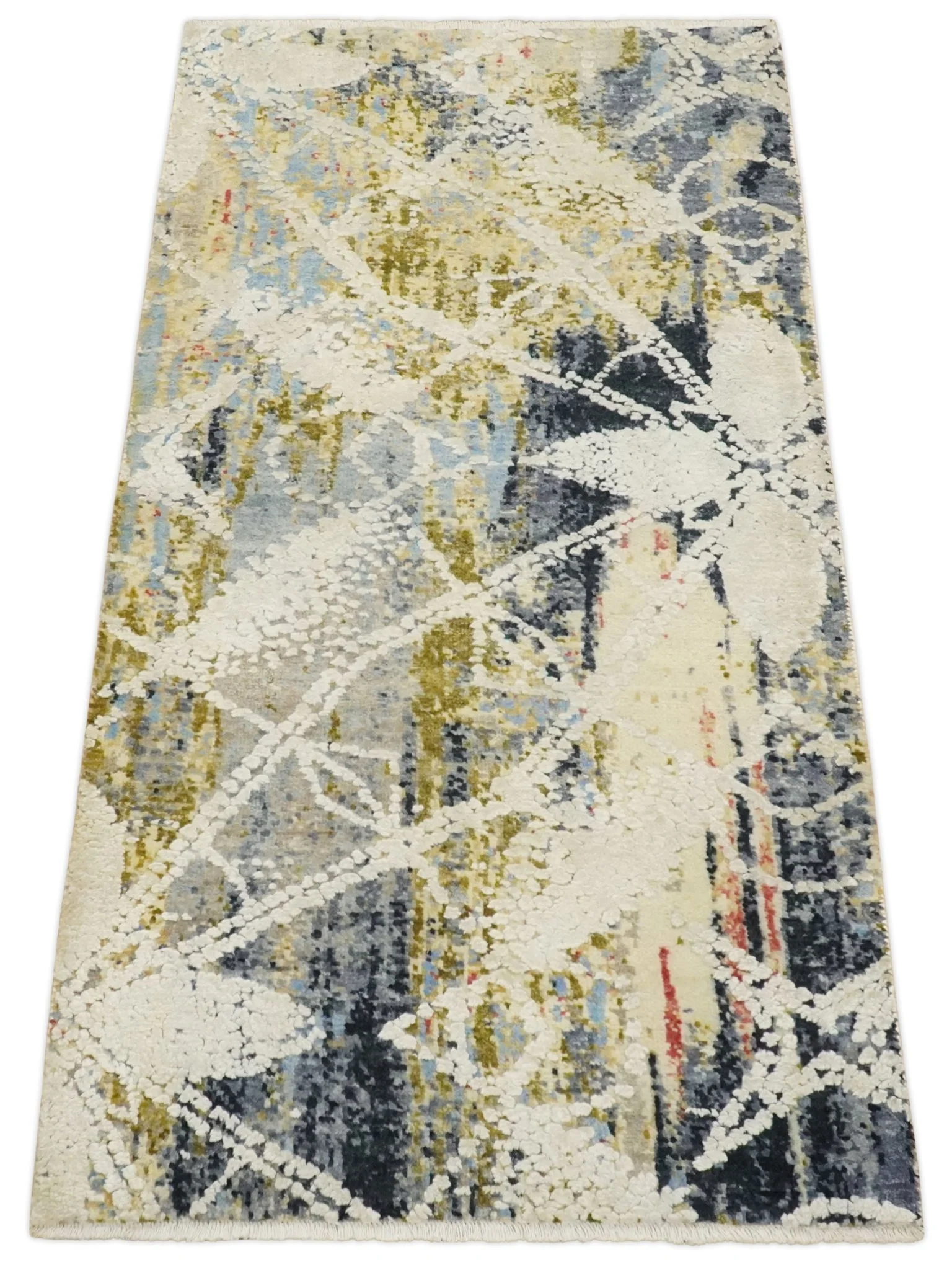 2x4 Hand Knotted Olive, Silver, Charcoal and Ivory with Wool and Art Silk | N7024 - Image 8