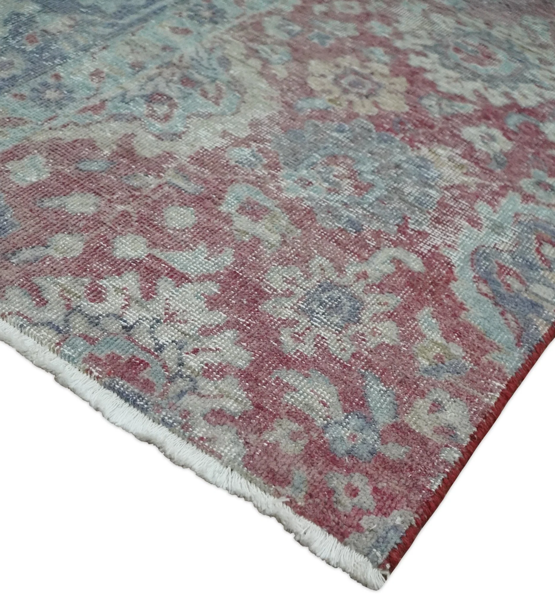 Vintage Hand Knotted 2x4 Maroon and Blue Traditional Oxidized Textured Persian Low Pile Wool Rug| N1824 - Image 3