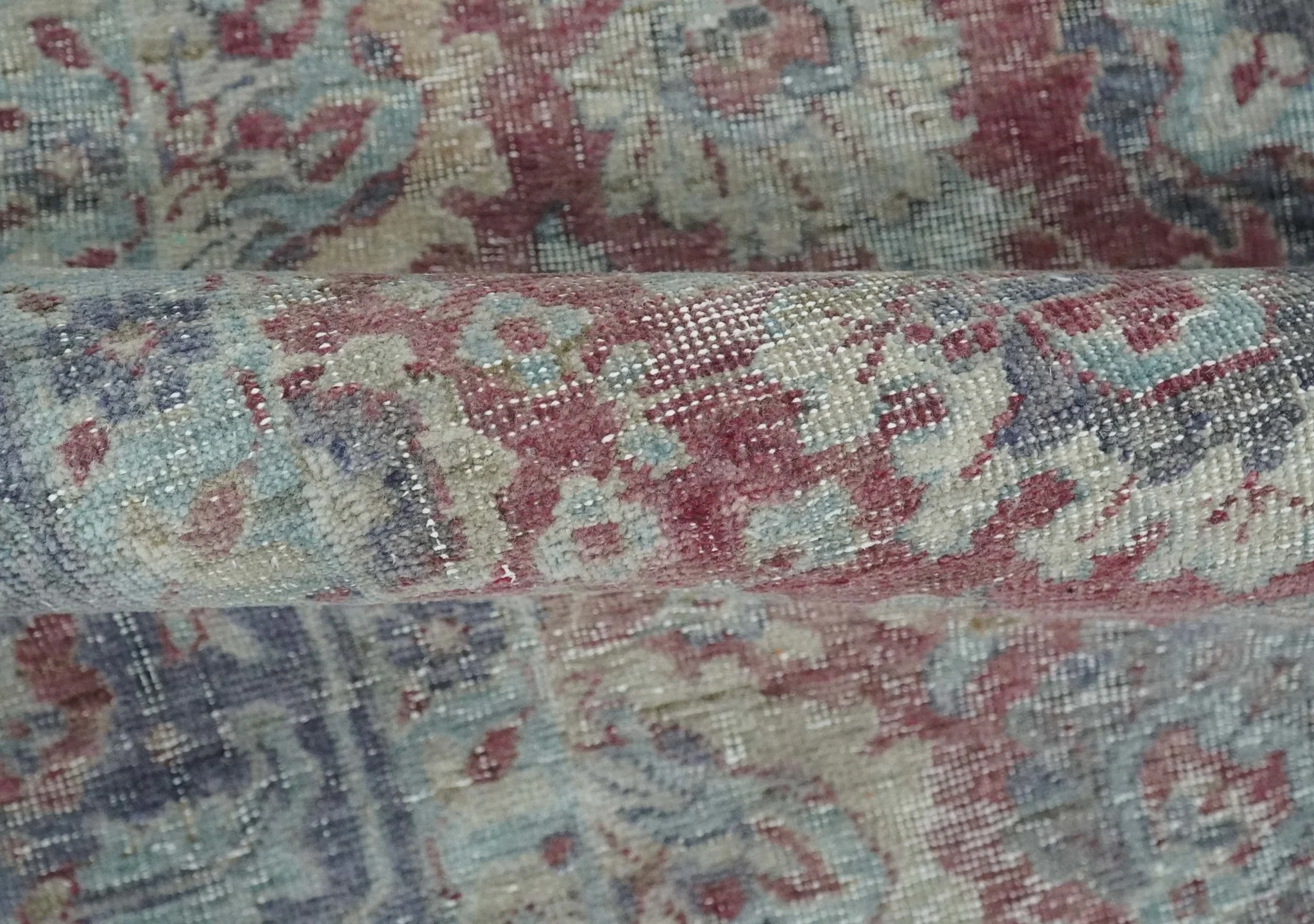 Vintage Hand Knotted 2x4 Maroon and Blue Traditional Oxidized Textured Persian Low Pile Wool Rug| N1824 - Image 4