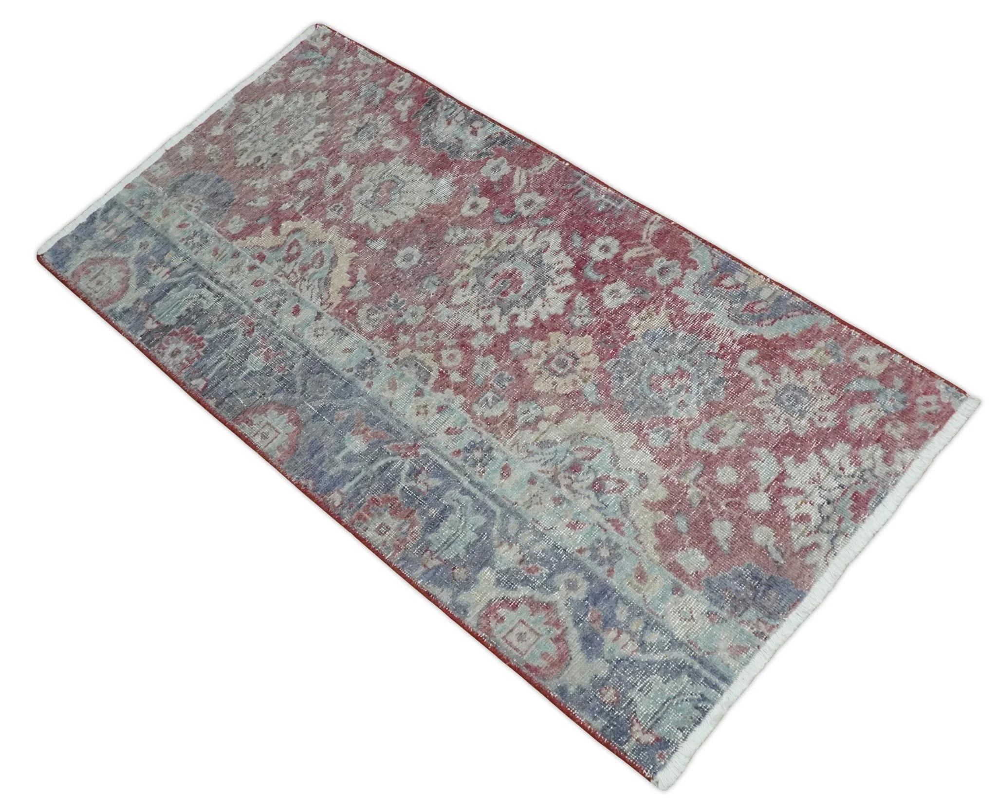 Vintage Hand Knotted 2x4 Maroon and Blue Traditional Oxidized Textured Persian Low Pile Wool Rug| N1824 - Image 8