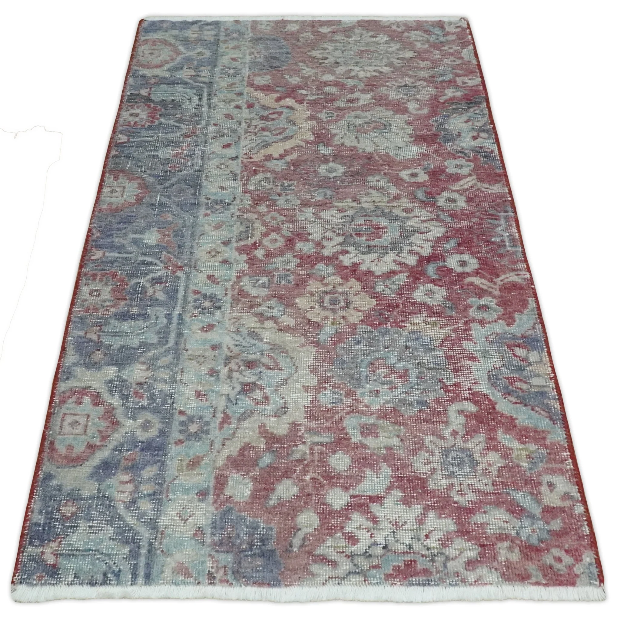 Vintage Hand Knotted 2x4 Maroon and Blue Traditional Oxidized Textured Persian Low Pile Wool Rug| N1824 - Image 9
