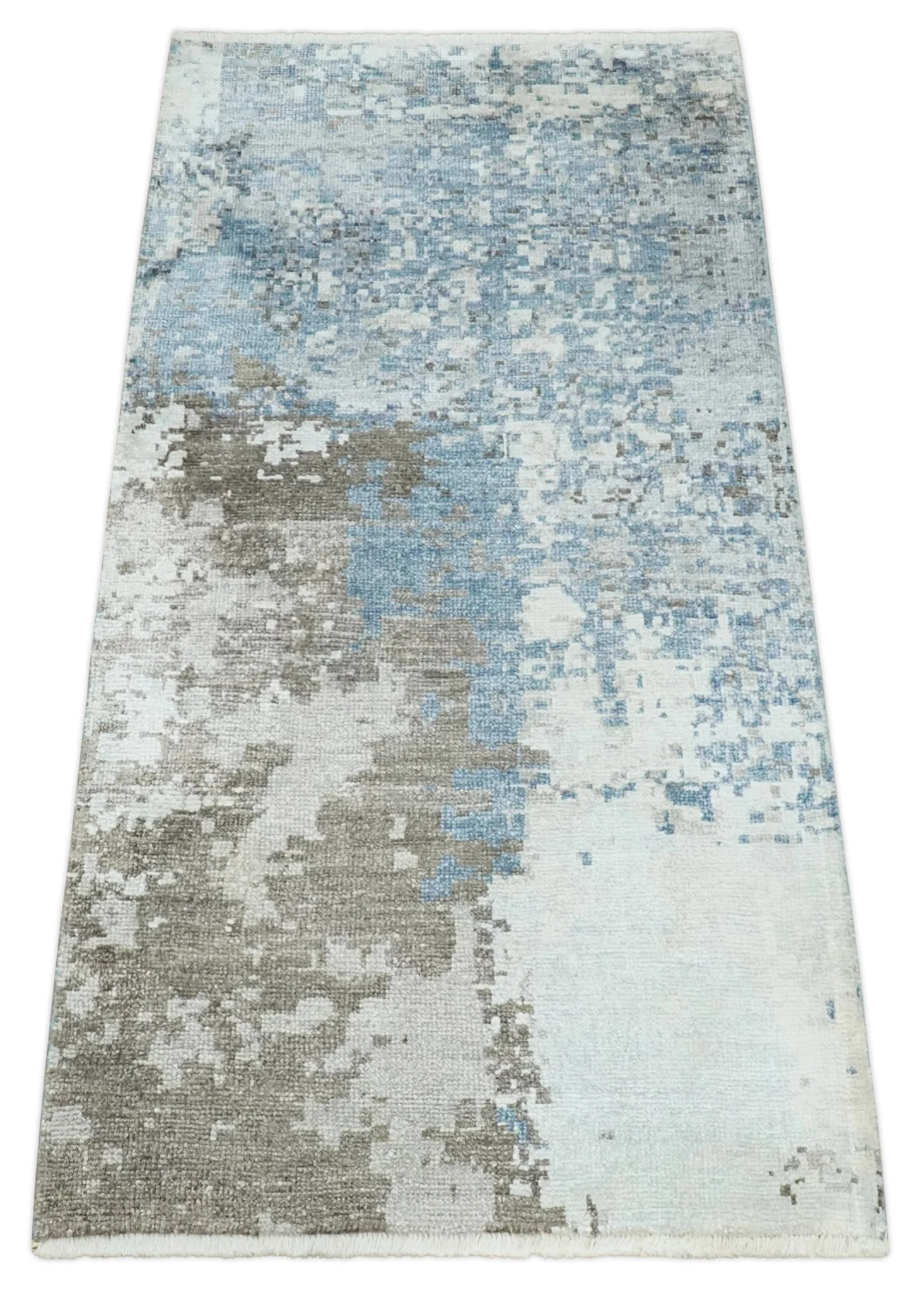 2x4 Modern Abstract Blue, Silver and Charcoal Hand Knotted Art Silk Rug| N8324 - Image 8