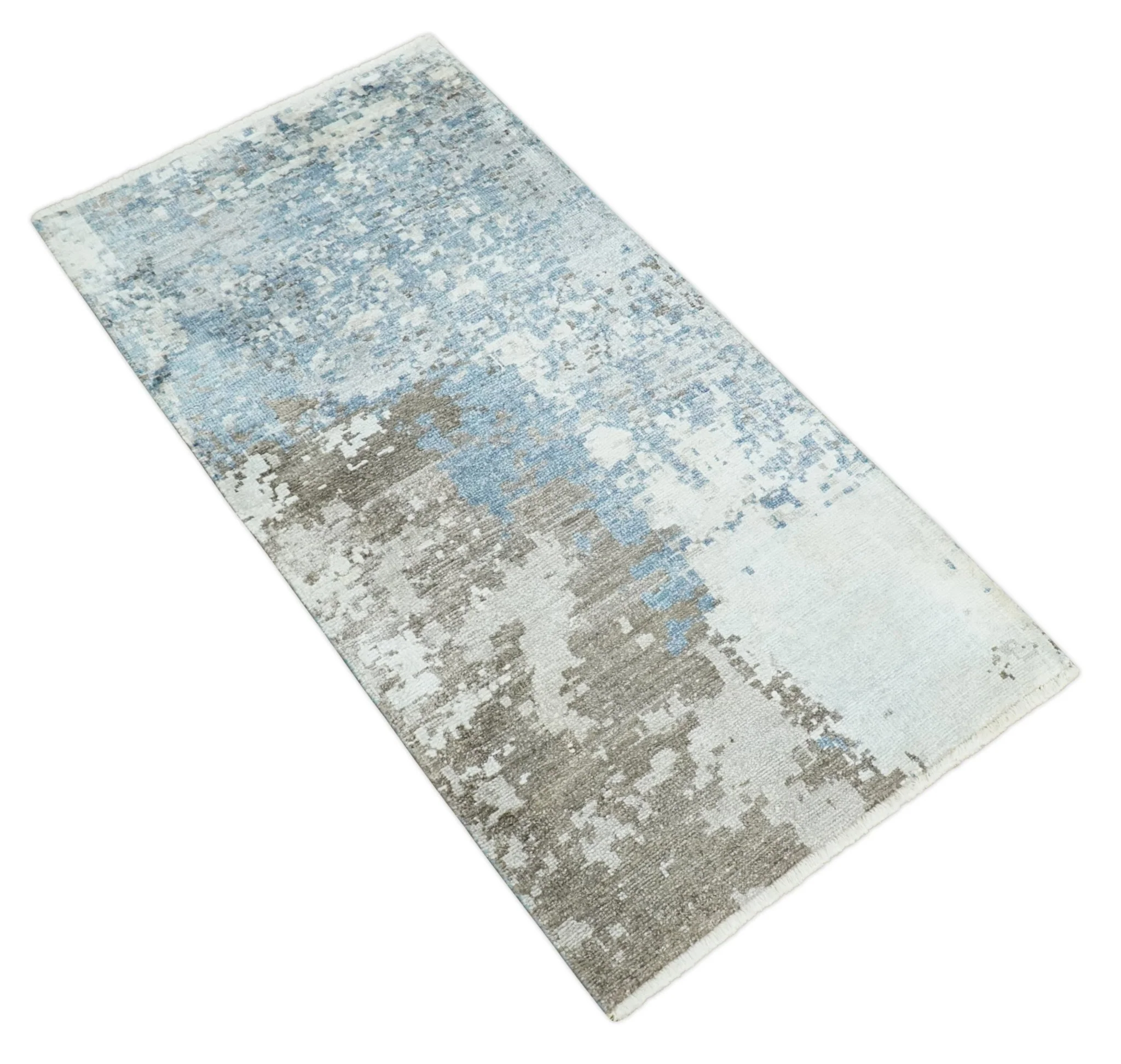 2x4 Modern Abstract Blue, Silver and Charcoal Hand Knotted Art Silk Rug| N8324 - Image 9
