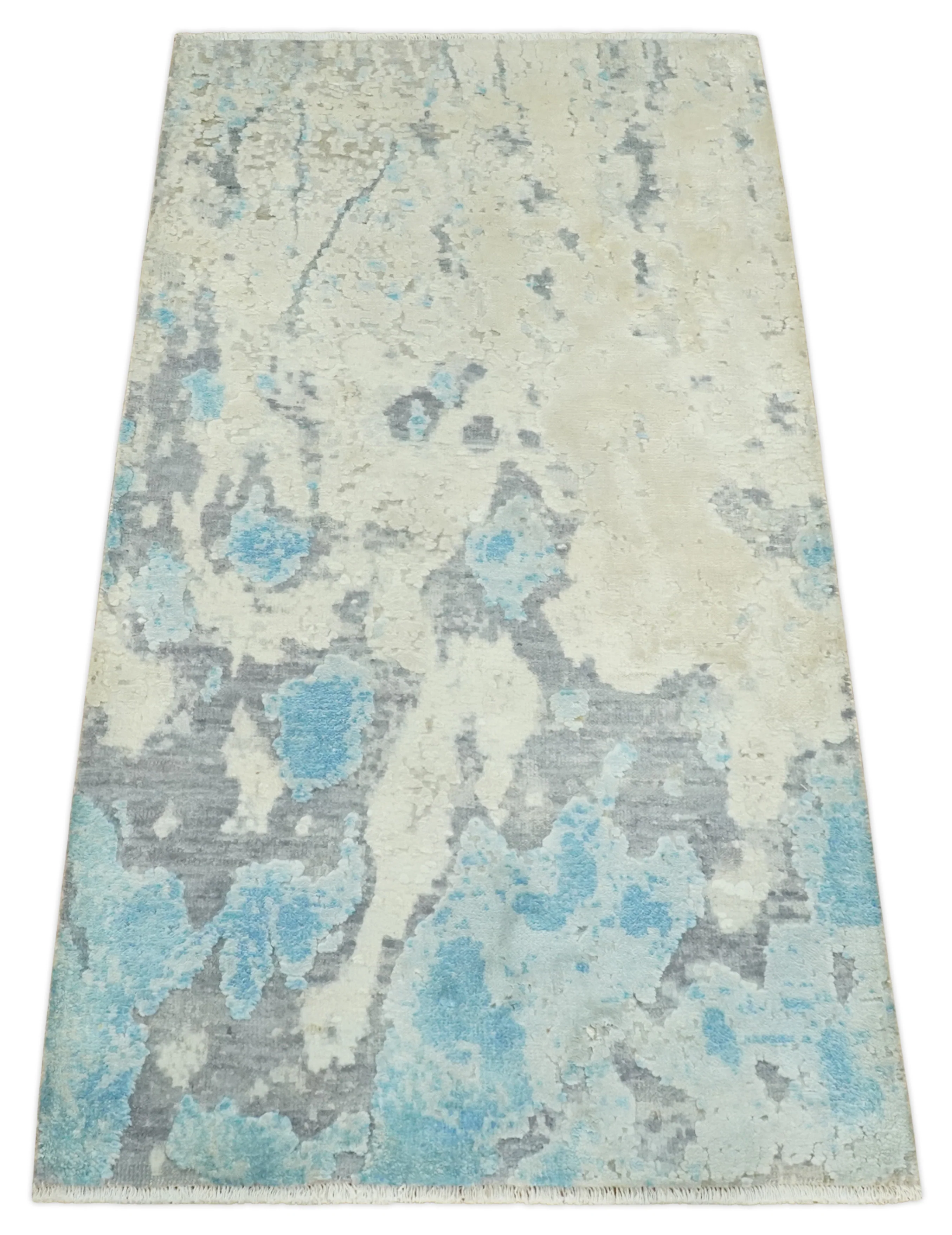 2x4 Modern Abstract Ivory, Blue and Charcoal Wool and Silk Rug| N7324 - Image 8