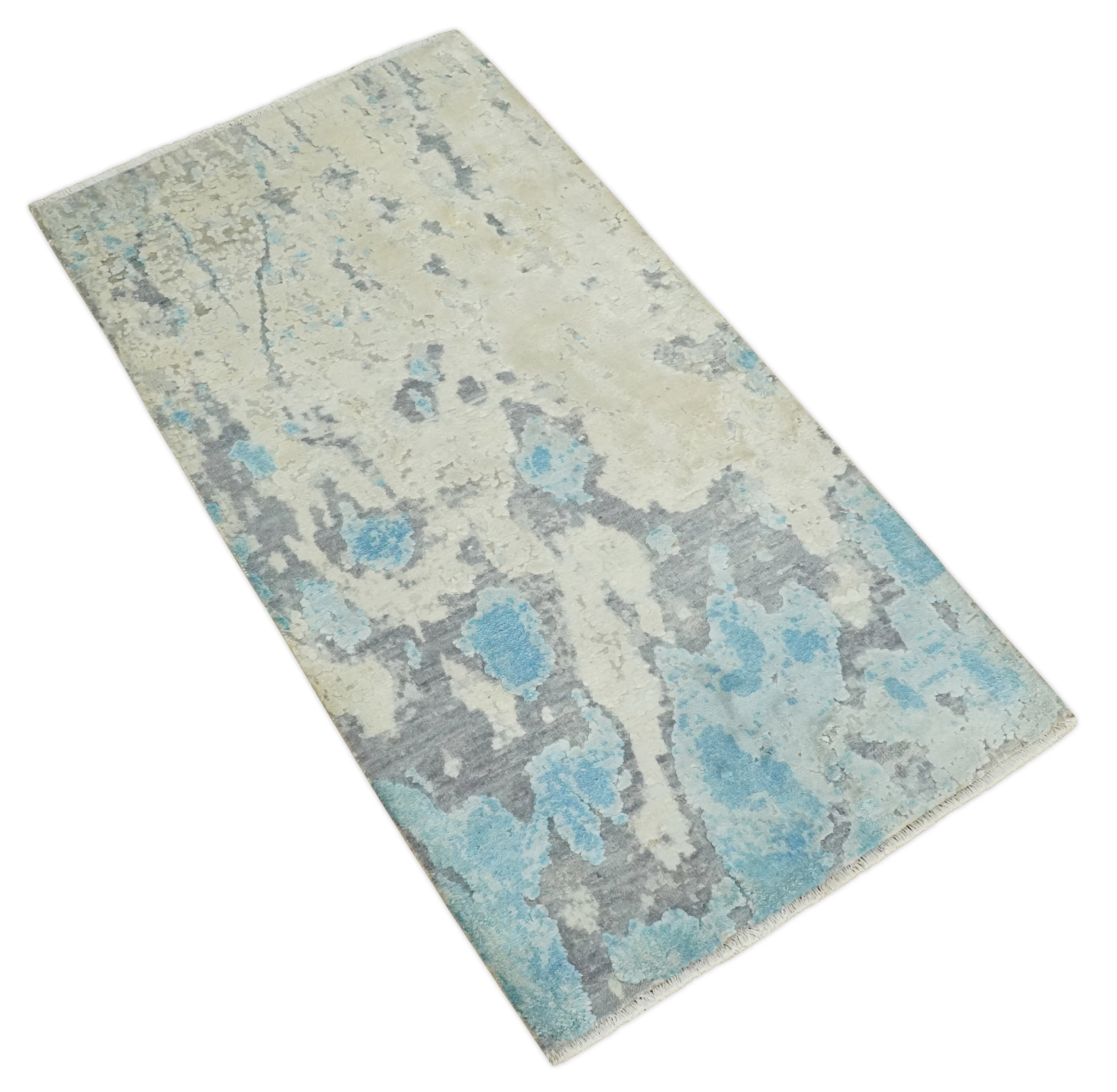 2x4 Modern Abstract Ivory, Blue and Charcoal Wool and Silk Rug| N7324 - Image 9
