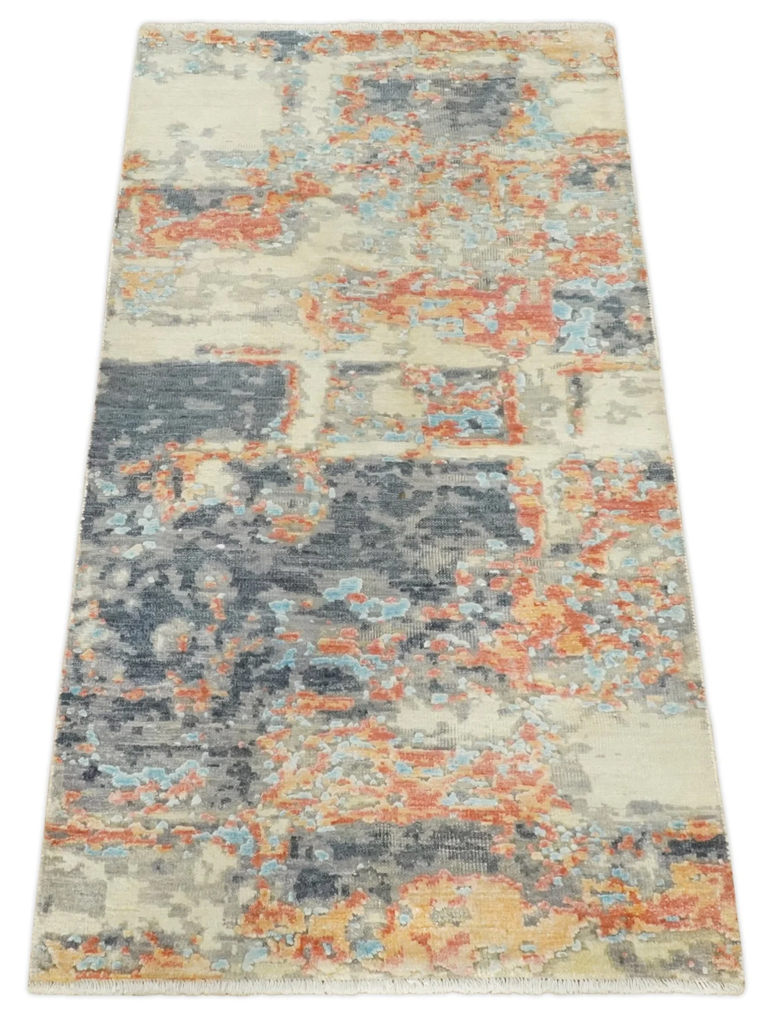 2x4 Modern Abstract Peach, Gray, Ivory and Blue Rug made with Art Silk| N3924 - Image 8