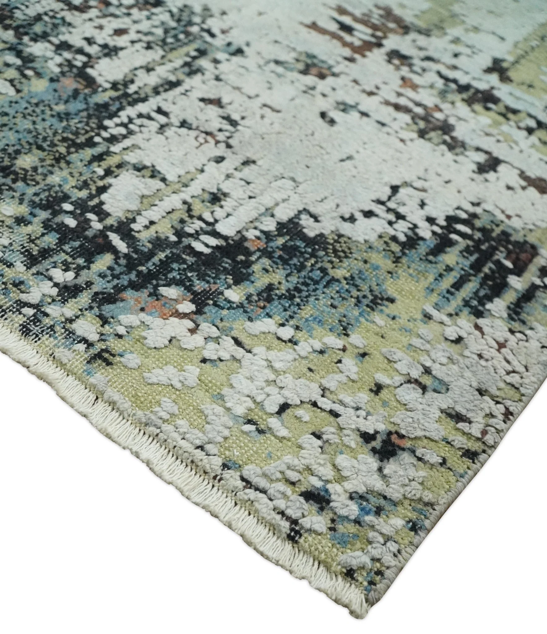 Modern Abstract 2x4 High Low Ivory and Olive Real Silk and Wool Rug made | N1924 - Image 3