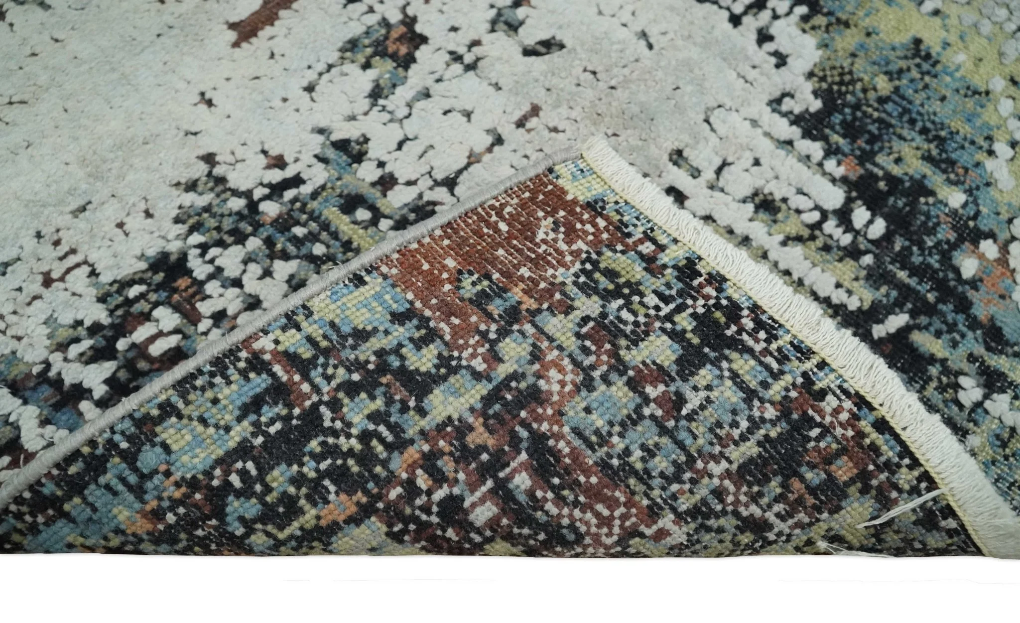 Modern Abstract 2x4 High Low Ivory and Olive Real Silk and Wool Rug made | N1924 - Image 5