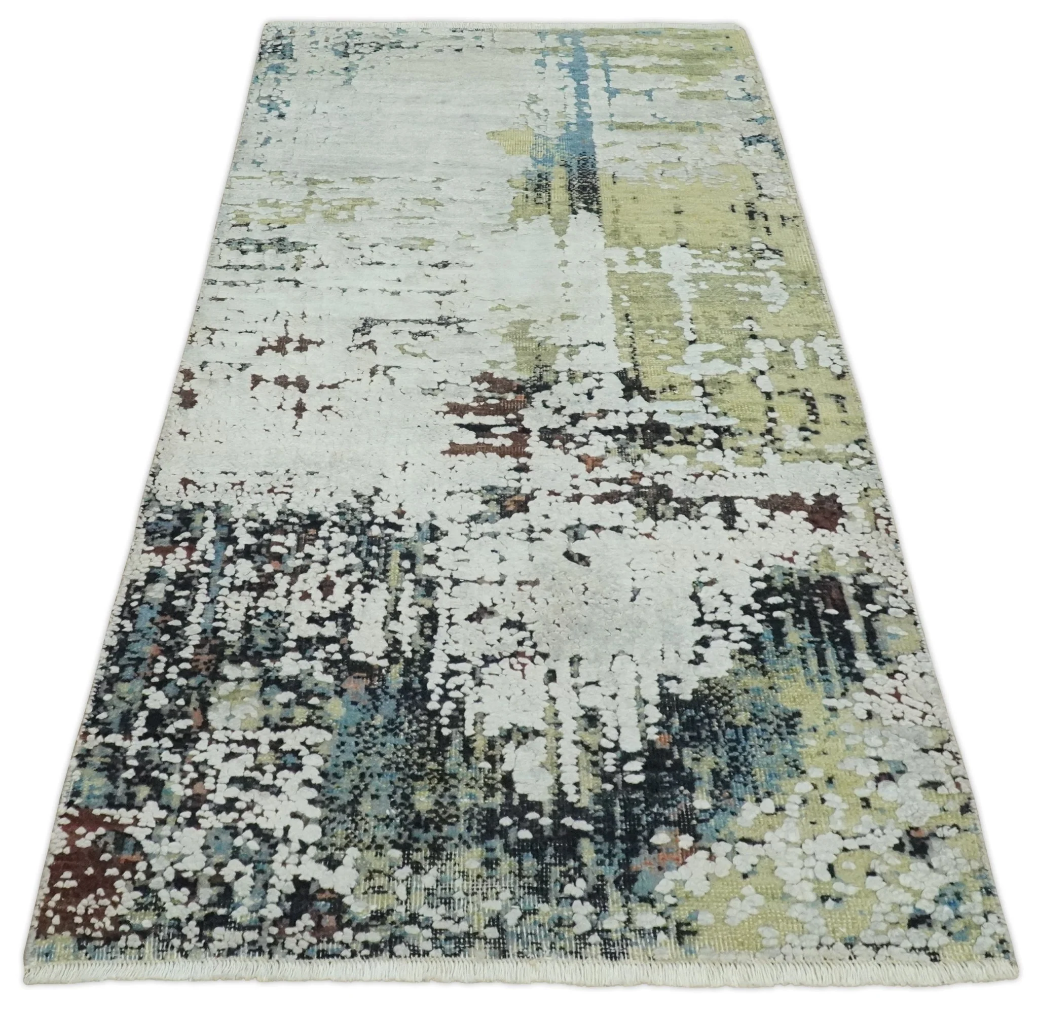 Modern Abstract 2x4 High Low Ivory and Olive Real Silk and Wool Rug made | N1924 - Image 8