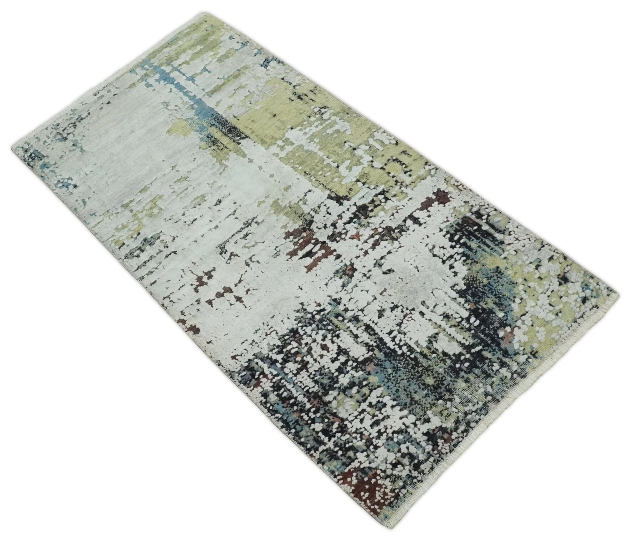 Modern Abstract 2x4 High Low Ivory and Olive Real Silk and Wool Rug made | N1924 - Image 9