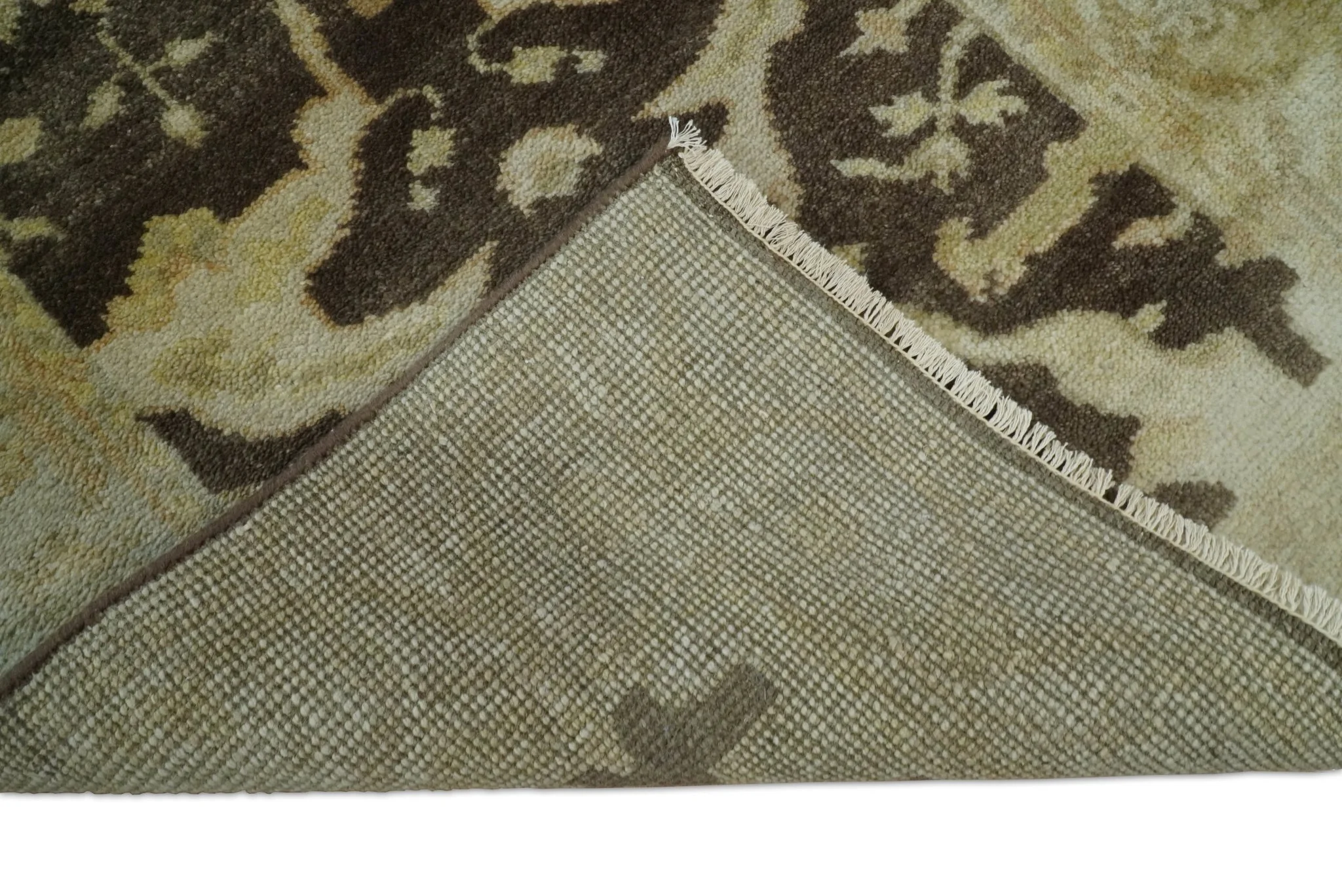 Hand Knotted Brown and Beige Antique Oushak Wool Runner Rug - Image 10