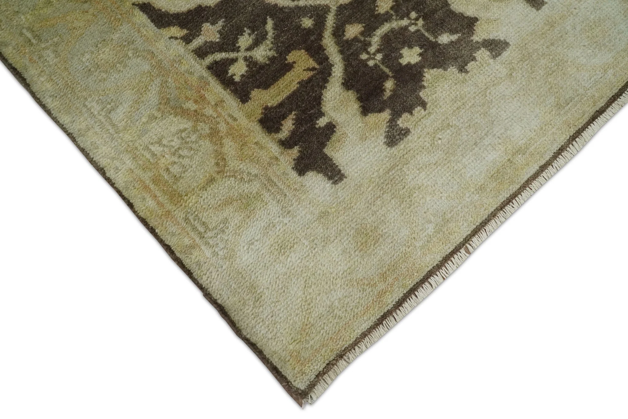Hand Knotted Brown and Beige Antique Oushak Wool Runner Rug - Image 4
