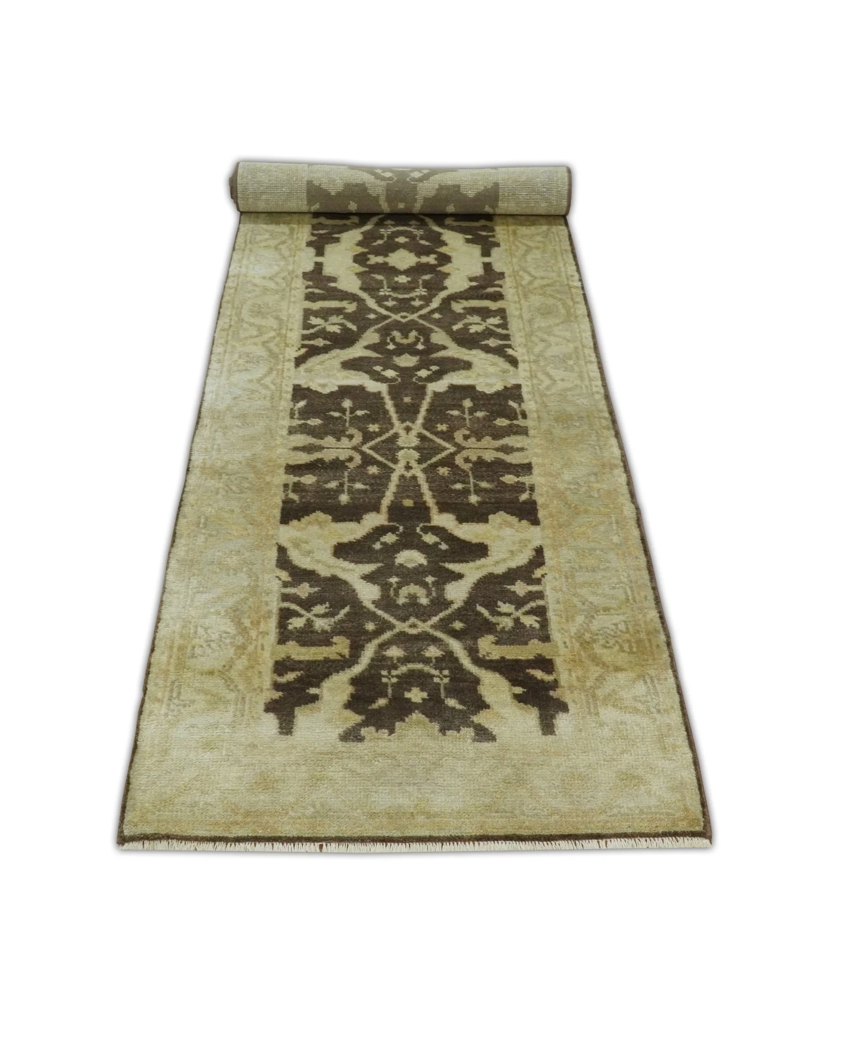 Hand Knotted Brown and Beige Antique Oushak Wool Runner Rug - Image 5