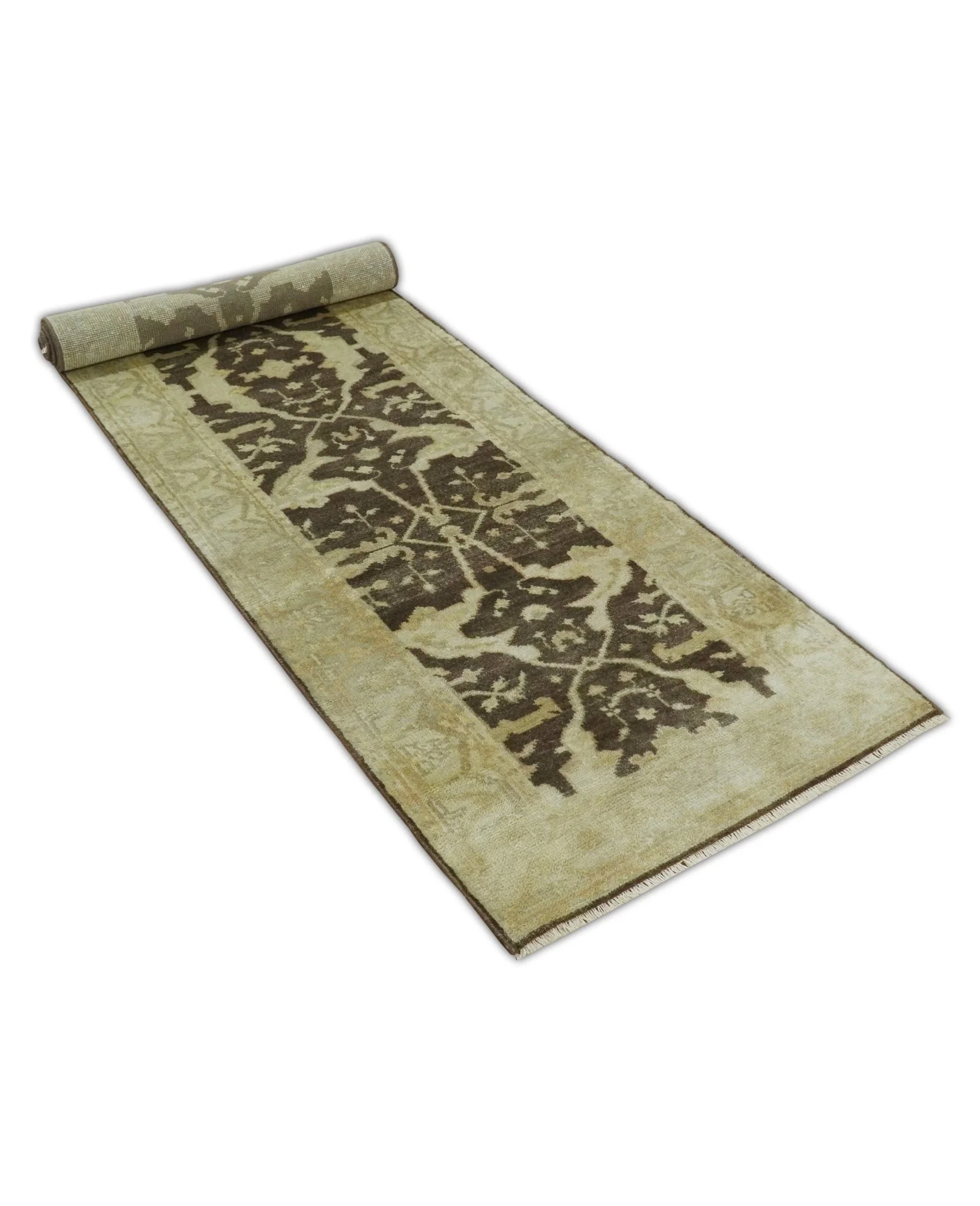 Hand Knotted Brown and Beige Antique Oushak Wool Runner Rug - Image 6