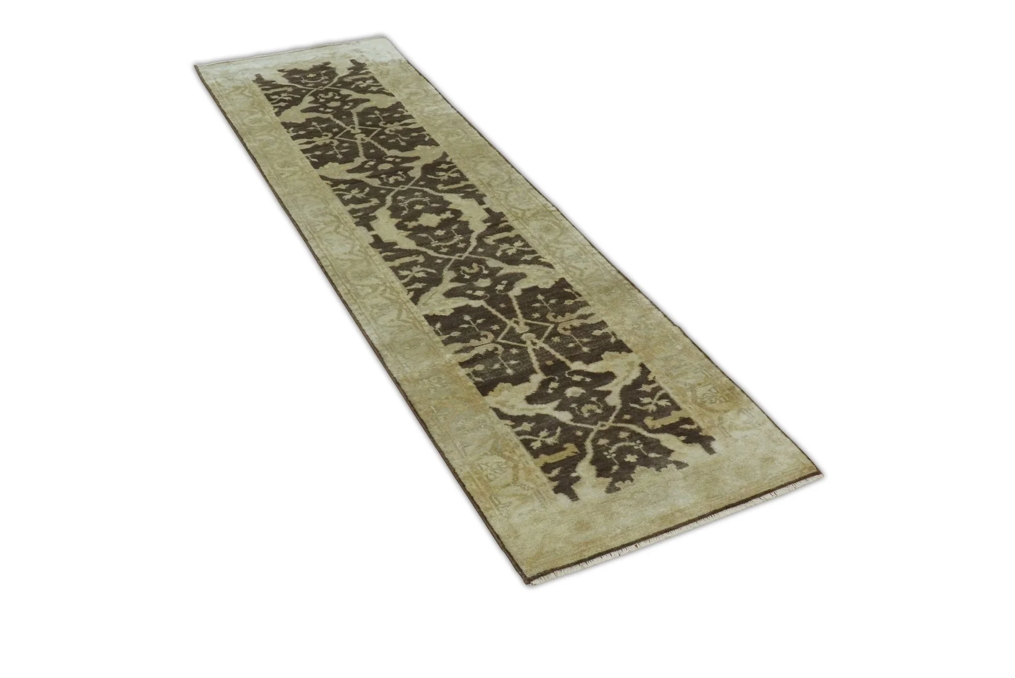 Hand Knotted Brown and Beige Antique Oushak Wool Runner Rug - Image 7